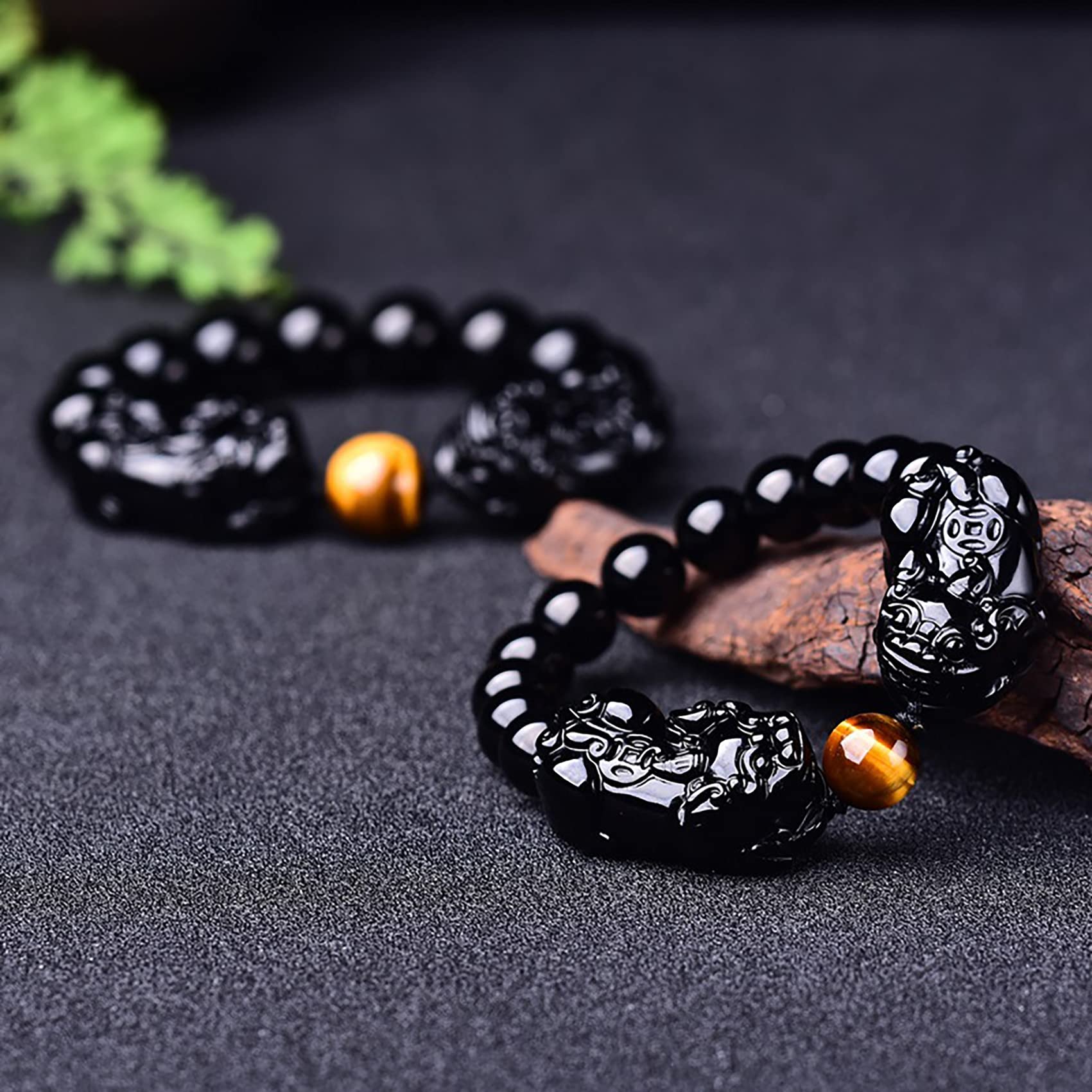 HLTYGWX Schwarzes Obsidian-Armband, doppeltes Piyao-Rundperlen-Armband, natürliches Tigerauge, verstellbar, für Damen und Herren, 16 mm