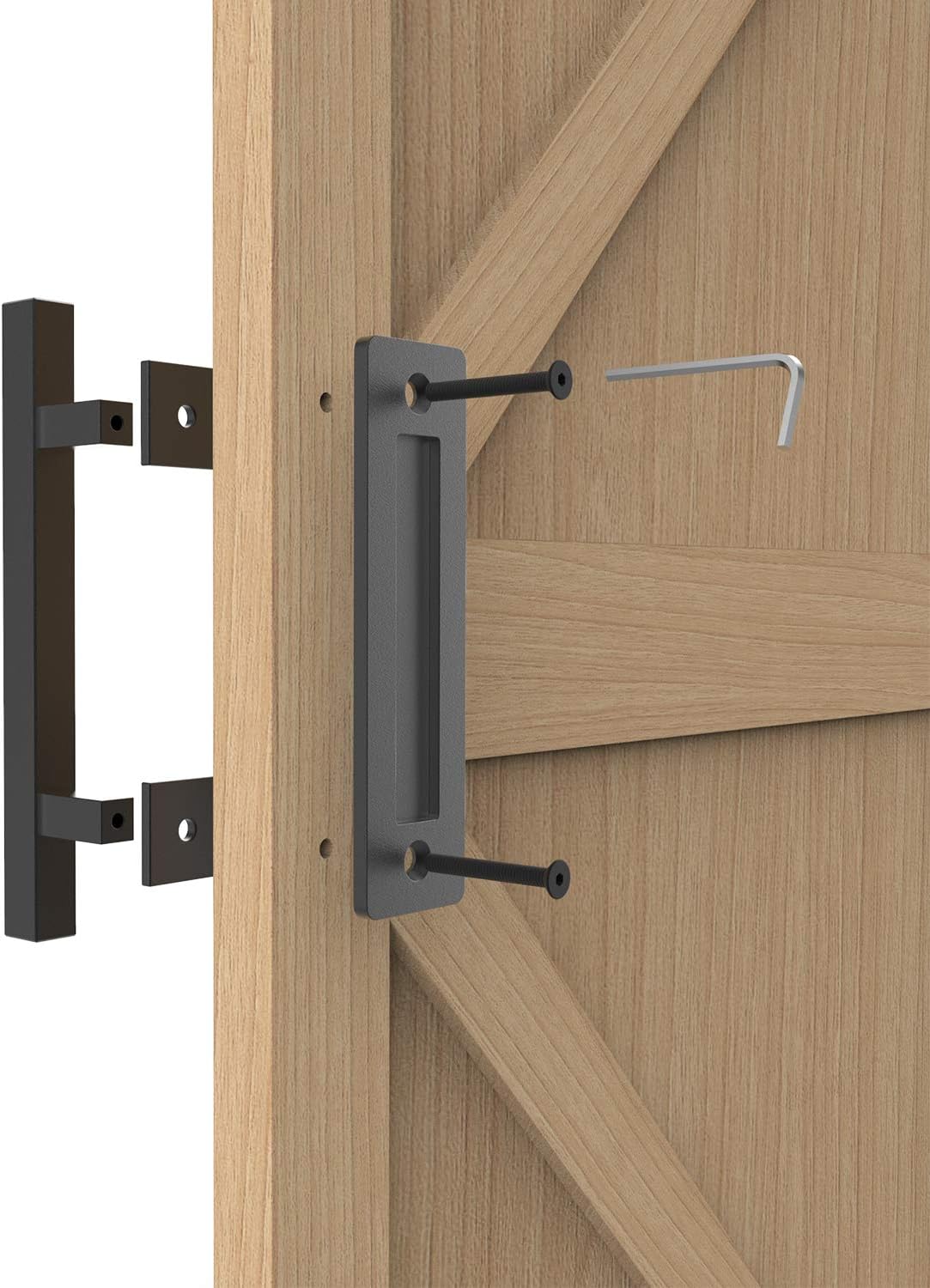 12" Sliding Barn Door Handle Pull and Flush Hardware Set, for Barn Door Gates Garages Sheds, Rustic Style, Black Square