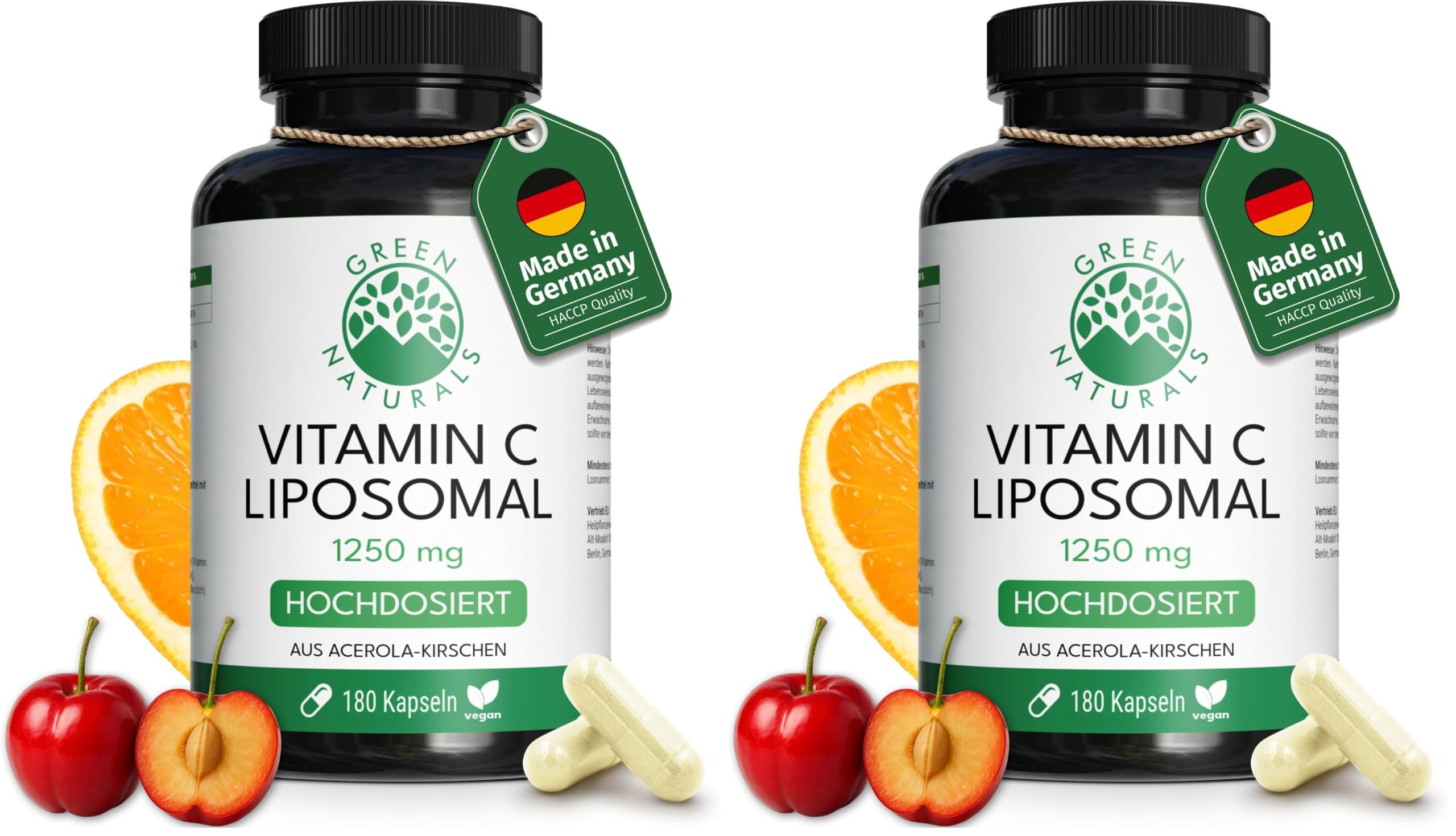 Green Naturals® Vitamin C liposomal 1250mg – Hochdosiert: Höchste Bioverfügbarkeit & Absorption – 180 vegane Kapseln aus Acerola Kirschen (Packung mit 2)