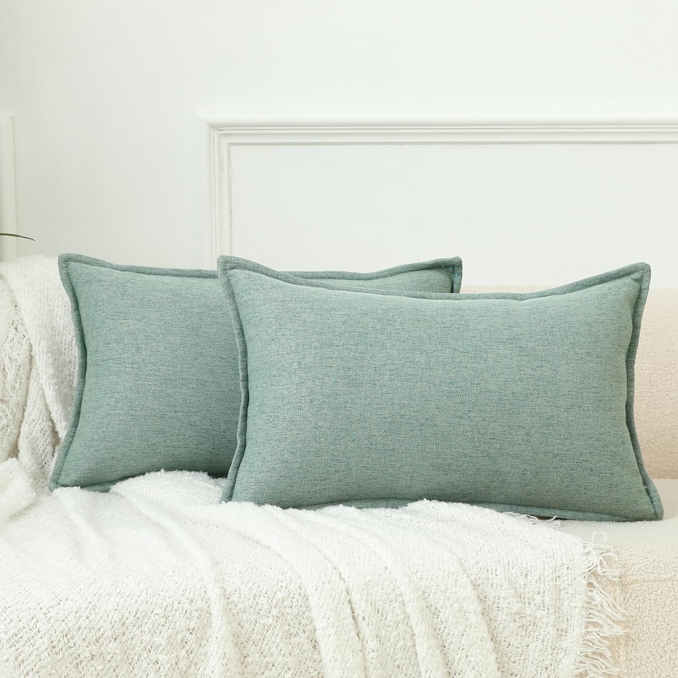 LIGICKY Set of 2 Sage Green Linen Lumbar Cushion Covers 12x20 Inch Decorative Rectangle Throw Pillow Covers for Living Room Couch Bed Sofa Rustic Farmhouse Boho Home Decor