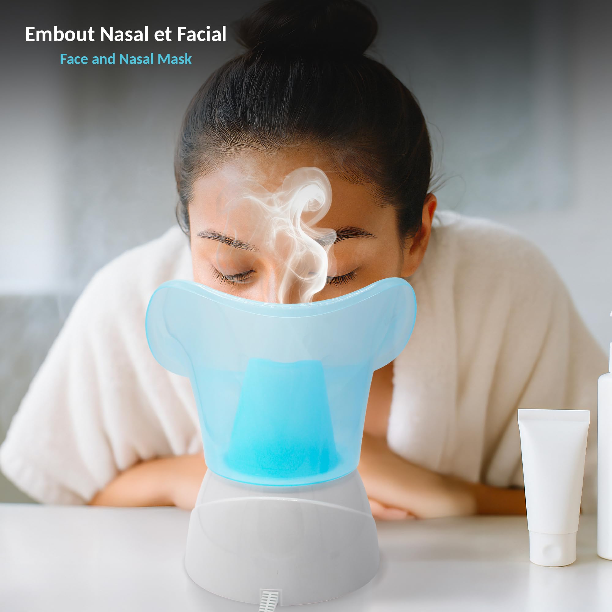 FISHTEC - Inhalateur Vapeur Électrique - 2 Embouts (Facial & Nasal) - Diffusion Vapeur Chaude - Réservoir avec Arrêt Auto - Compatible Huiles Essentielles - Rhume, Sinus, Toux, Hiver