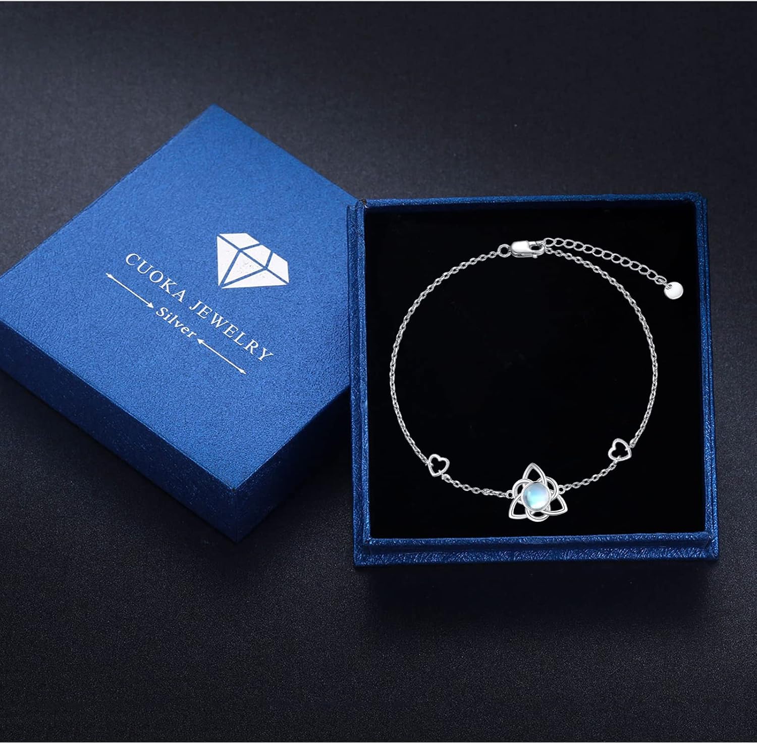 Moonstone Bracelet for Women Celtic Knot Bracelets Sterling Silver Hypoallergenic Piercing Tiny Small Rainbow Trinity Good Luck Irish Lucky Jewelry Gifts for Mother