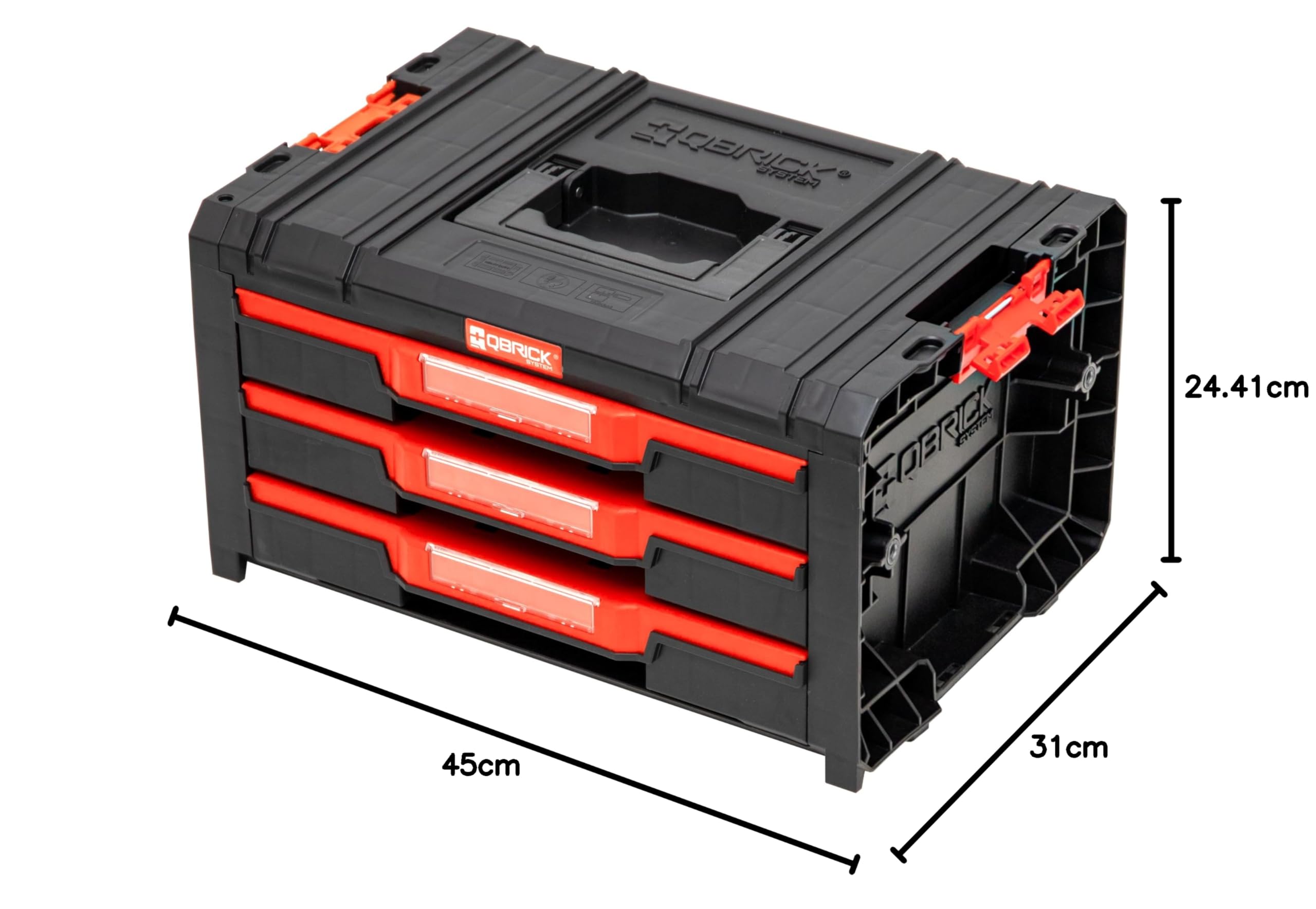 Qbrick System Skrzynka narzędziowa skrzynka narzędziowa Pusta skrzynka na narzędzia PRO Drawer 3 Toolbox 2.0 Basic czarna czerwona 450 x 310 x 244 mm