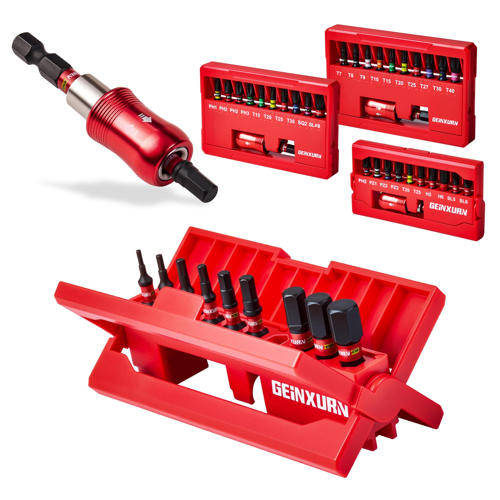 Geinxurn 44Pieces Impact Screwdriver Bits Set, Magnetic S2 Steel 25 mm Phillips/Pozidriv/Torx/Slotted/Hex Insert Bits Tips, Impact Bit Holder with Rotating and X-Shape Storage Box Case