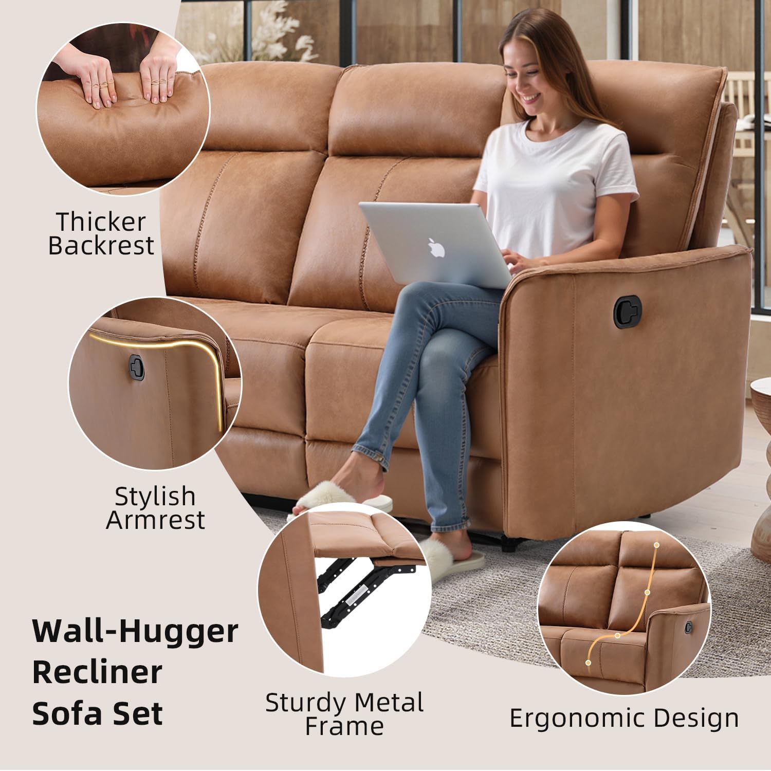 Manual Recliner Sofa Furniture Set for Living Room, Included Leathaire Nursing Chairs Swivel Glider Recliners, Wall-Hugger 2 Seat Reclining Loveseat, Modern Double Reclining Sofa Couch, Brown-1+2