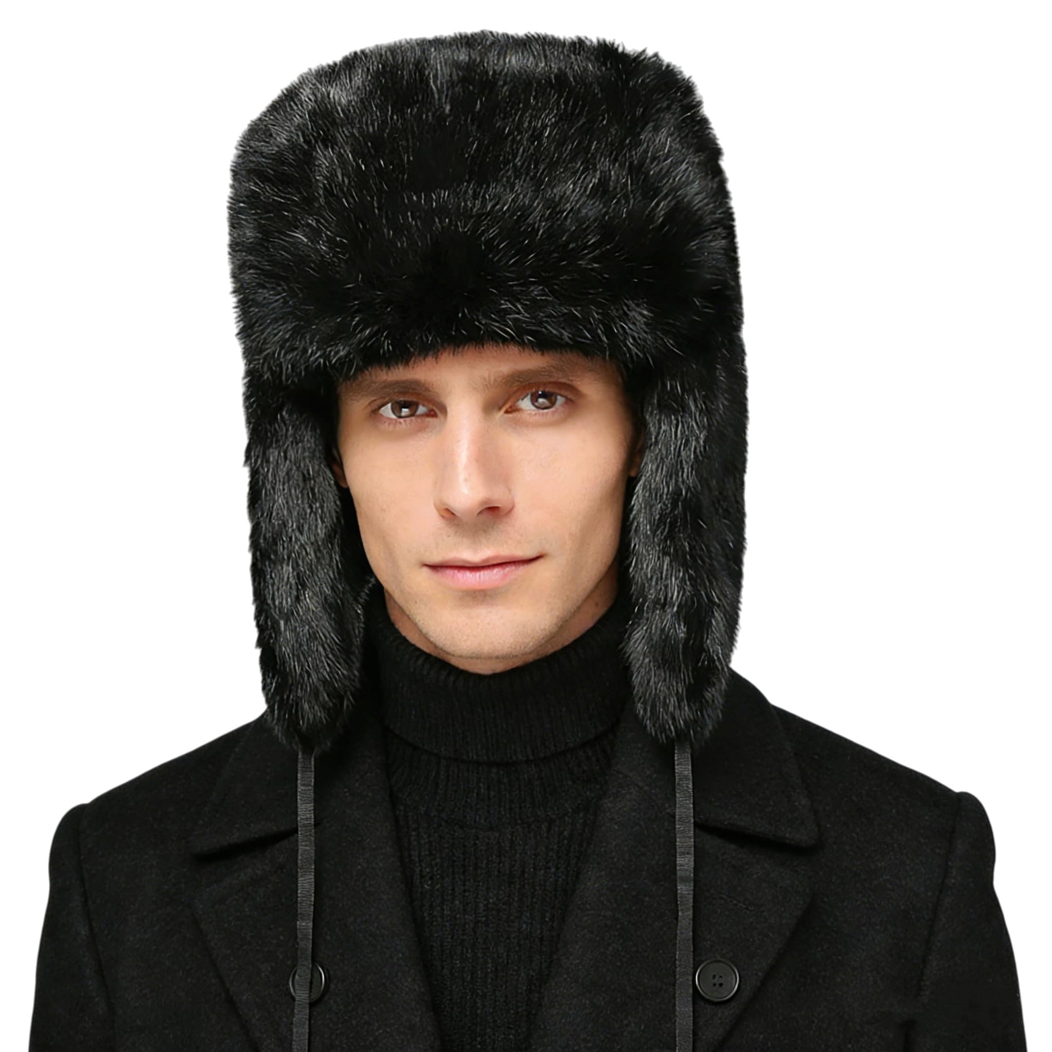 Russian Ushanka Winter Trapper Hat for Men Women Faux Rabbit Fur Flap Windproof Ski Hunting Hat Black -, M