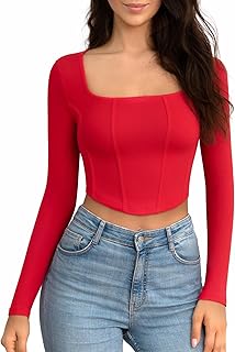 CLOZOZ Square Neck Long Sleeve Crop Top For Women Fitted Long Sleeve Bustier Corset Top Ribbed Going Out Tops For Women