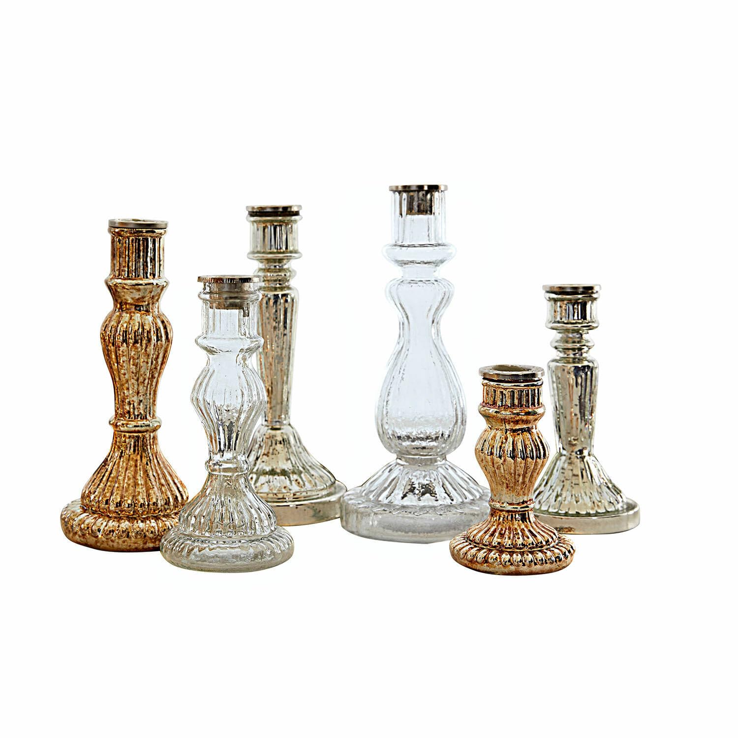 Loberon Kerzenständer 6er Set Quirène, Gold/klar | Mundgeblasen, Sechs Individuelle Designs, Bauernsilber-Finish & Klares Glas, Kerzenhalter, Dekoration, Eisen