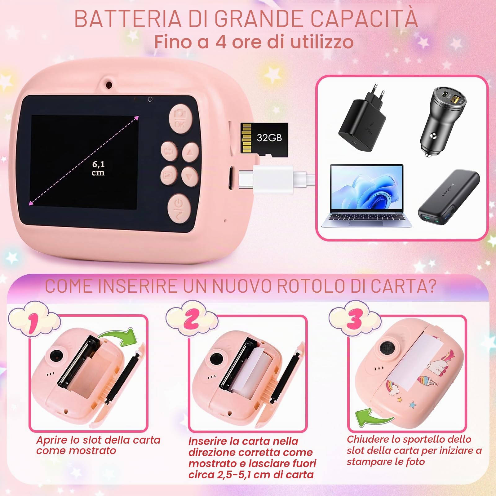 Macchina Fotografica Bambini, 2,4 Pollici Macchina Fotografica Istantanea, 1080P Macchina Fotografica Bambini Istantanea, con 32GB Scheda SD e Carta da Stampa, Regalo per Bambini dai 3-12 Anni