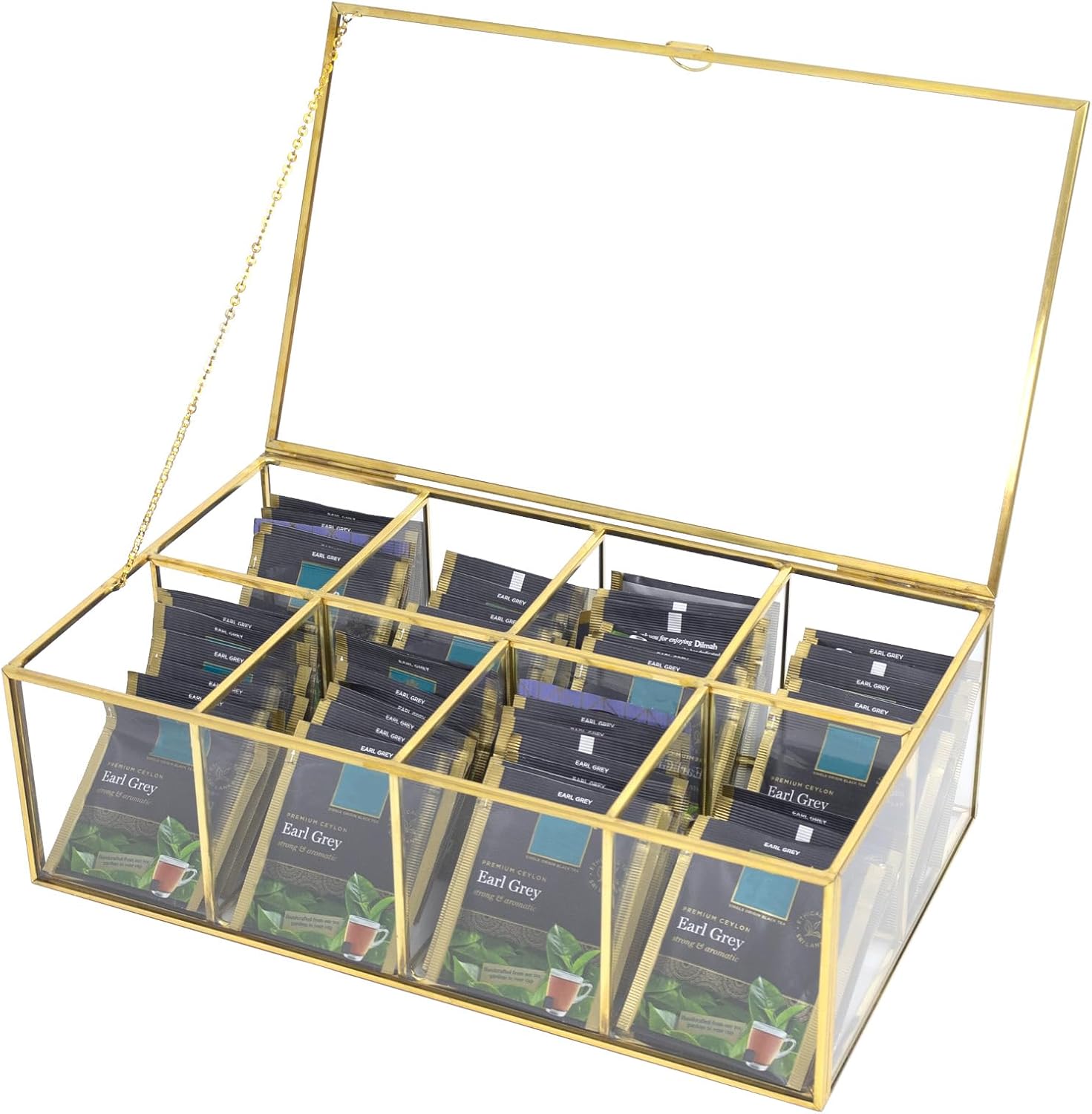HighFree Gold Glass Tea Bag Organizer, Clear Storage Glass Box with Lid, Counter Top Collection Box for Tea, Surgar & Coffee Bags (8 Compartments)