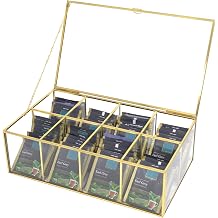 HighFree Gold Glass Tea Bag Organizer, Clear Storage Glass Box with Lid, Counter Top Collection Box for Tea, Surgar & Coffee Bags 8 Compartments