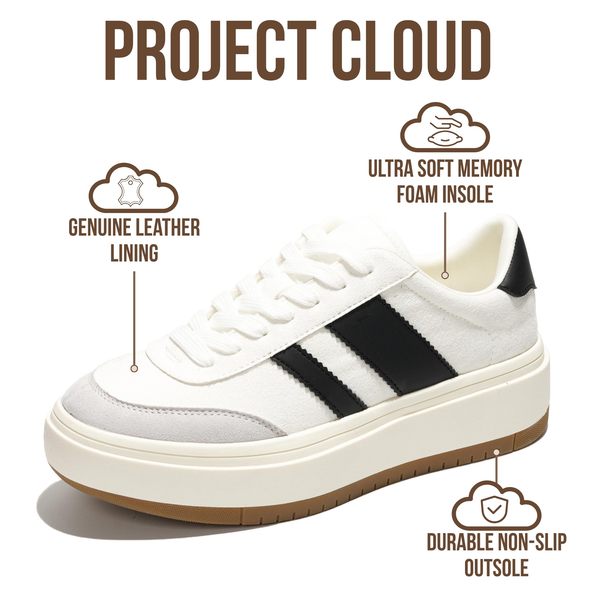 Project Cloud Platform Sneakers for Women - Lightweight Memory Foam Insole Womens Sneakers - Non-Slip Fashion Sneakers for Women Footwear - Women's Fashion Platform Shoes (Nita): 8 White-black Stripes