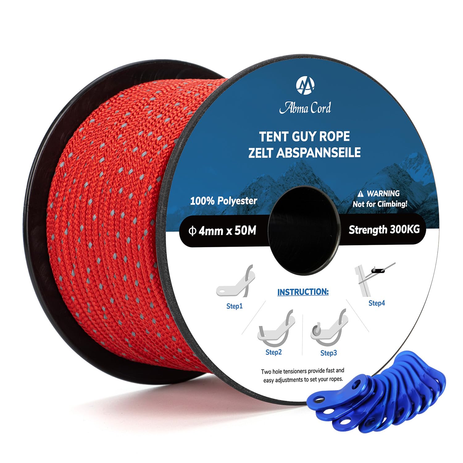 Abma Cord Tent Guy Ropes 4mm 50M Guy Line 10 Pcs Guy Rope Tensioners Heavy Duty Guide Rope for Camping, Gazebos, Awning, Tarp - Reflective Red