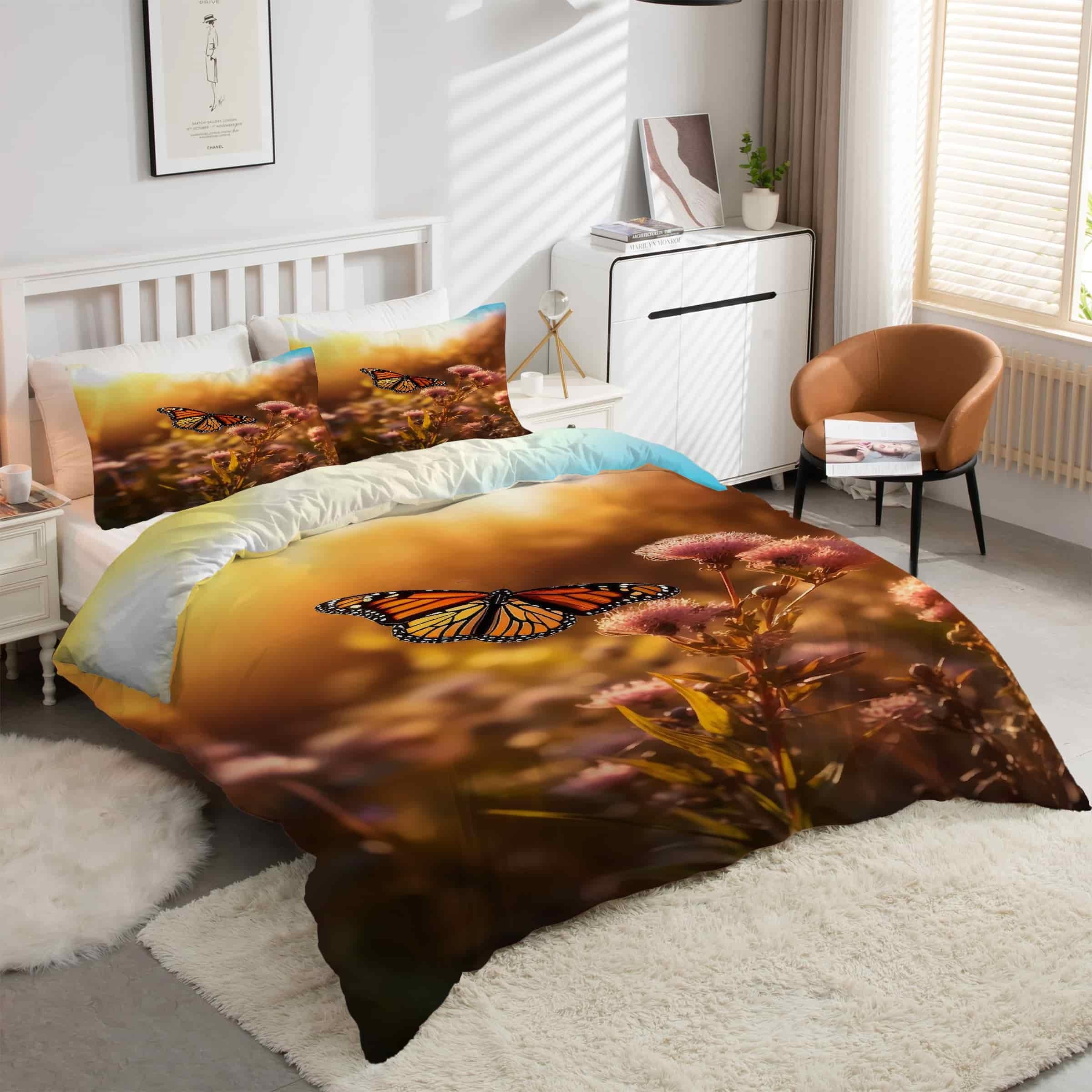 Housse de couette 200x200 papillons fleurs en microfibre douce avec 2 taies d'oreiller