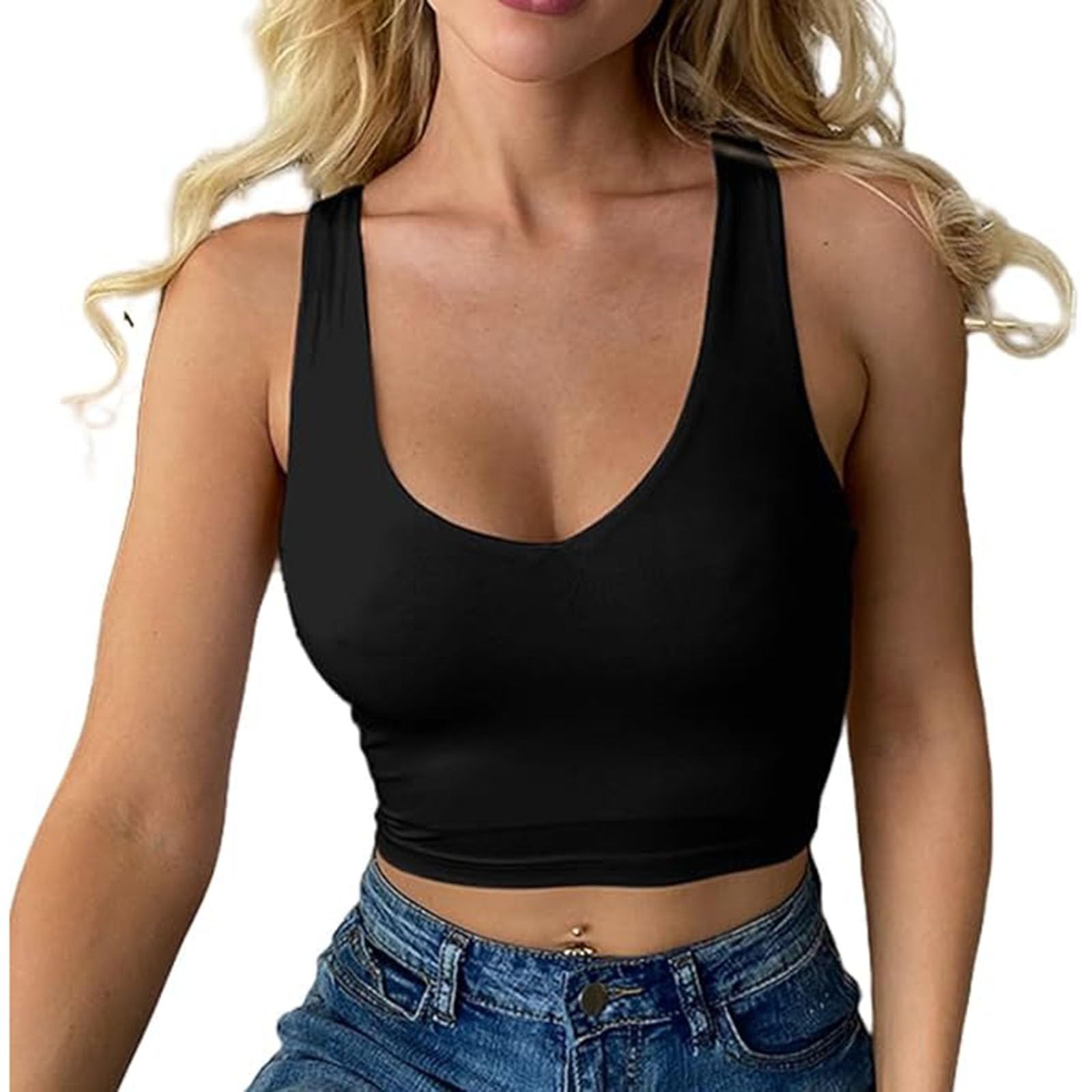 OThread & Co. Women's Basic Crop Top - Stretchy Scoop Neck Sleeveless Tank, Black, Small