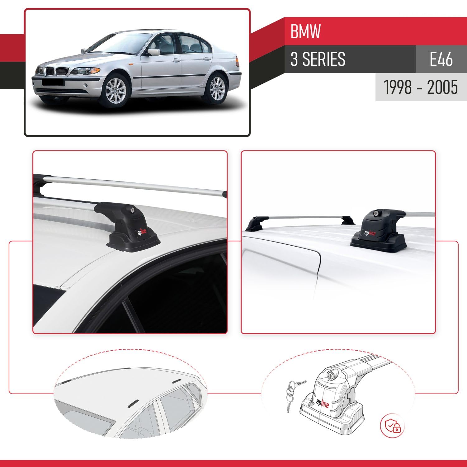 Compatible con BMW Serie 3 (E46) 1998-2005 Modelo Ace-3 Barra de Techo Auto Portaequipajes Barras Transversales Gris Aluminio 2 Barras
