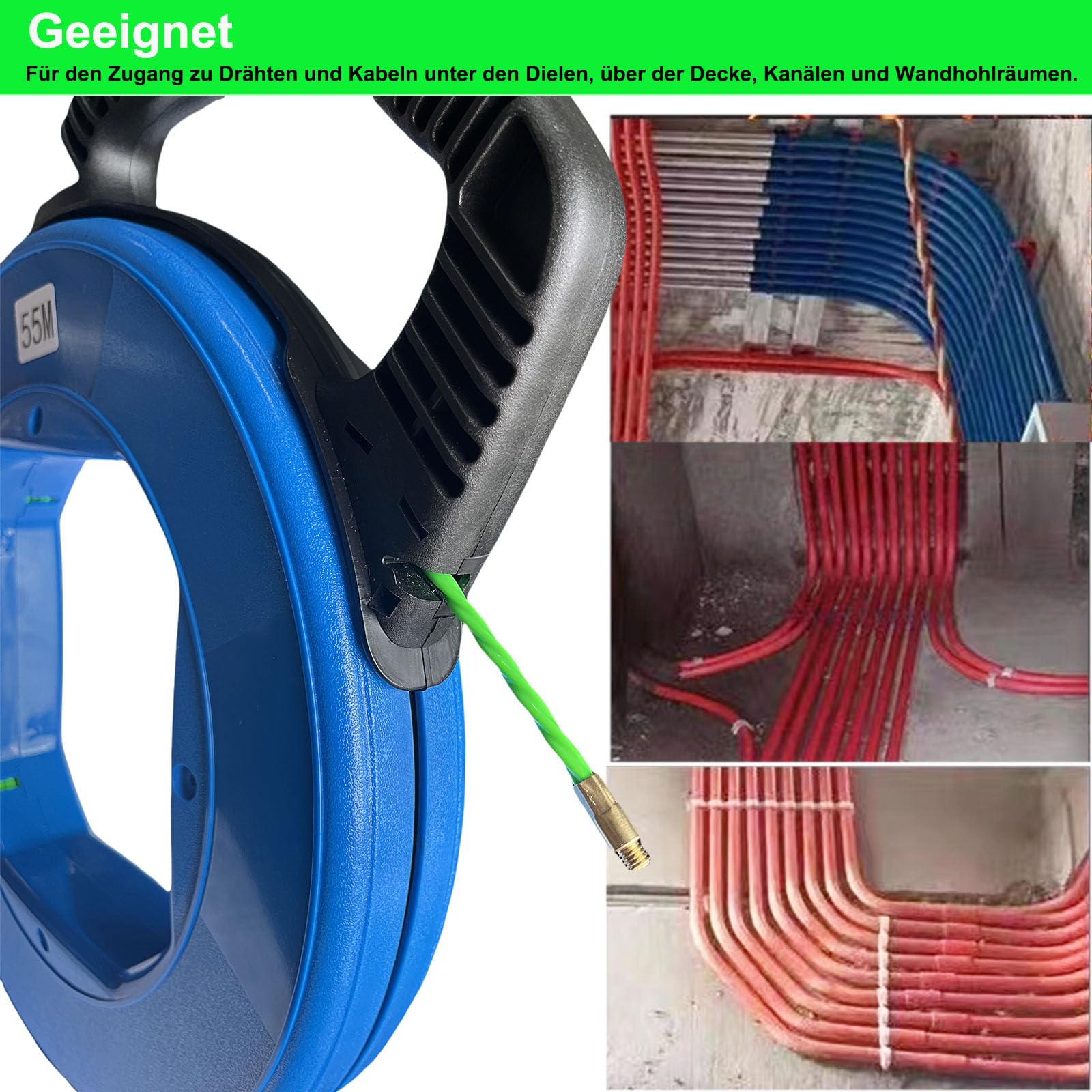 Professionelle Kabeleinzugshilfe 55m – Robuste Polyester-Einziehspirale (200 kg Zugkraft) mit 6 Adaptern, Anti-Verhedderung & Arretierung – Für Elektro- & Glasfaserinstallationen