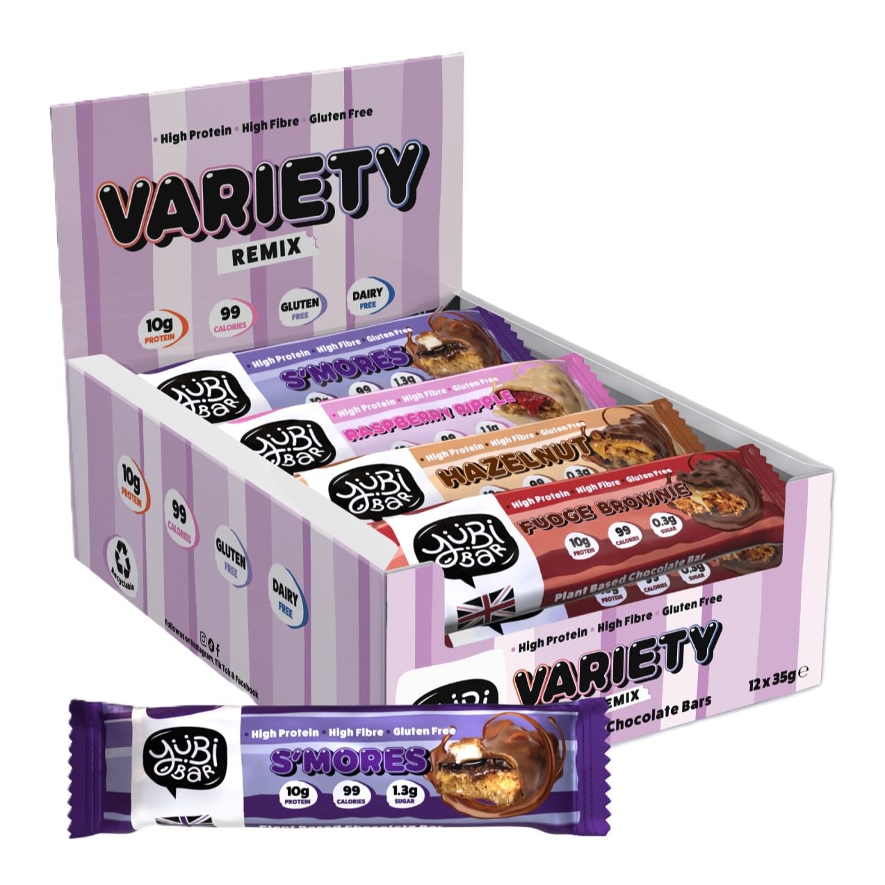 Yubi Mix Variety Box 12 Pack - Protein Bars - 99 Calories, High Protein, High Fibre, Low Sugar, Gluten Free and Dairy Free - Healthy Snacks/Nutrition Bar - Chocolate Bars - 420g