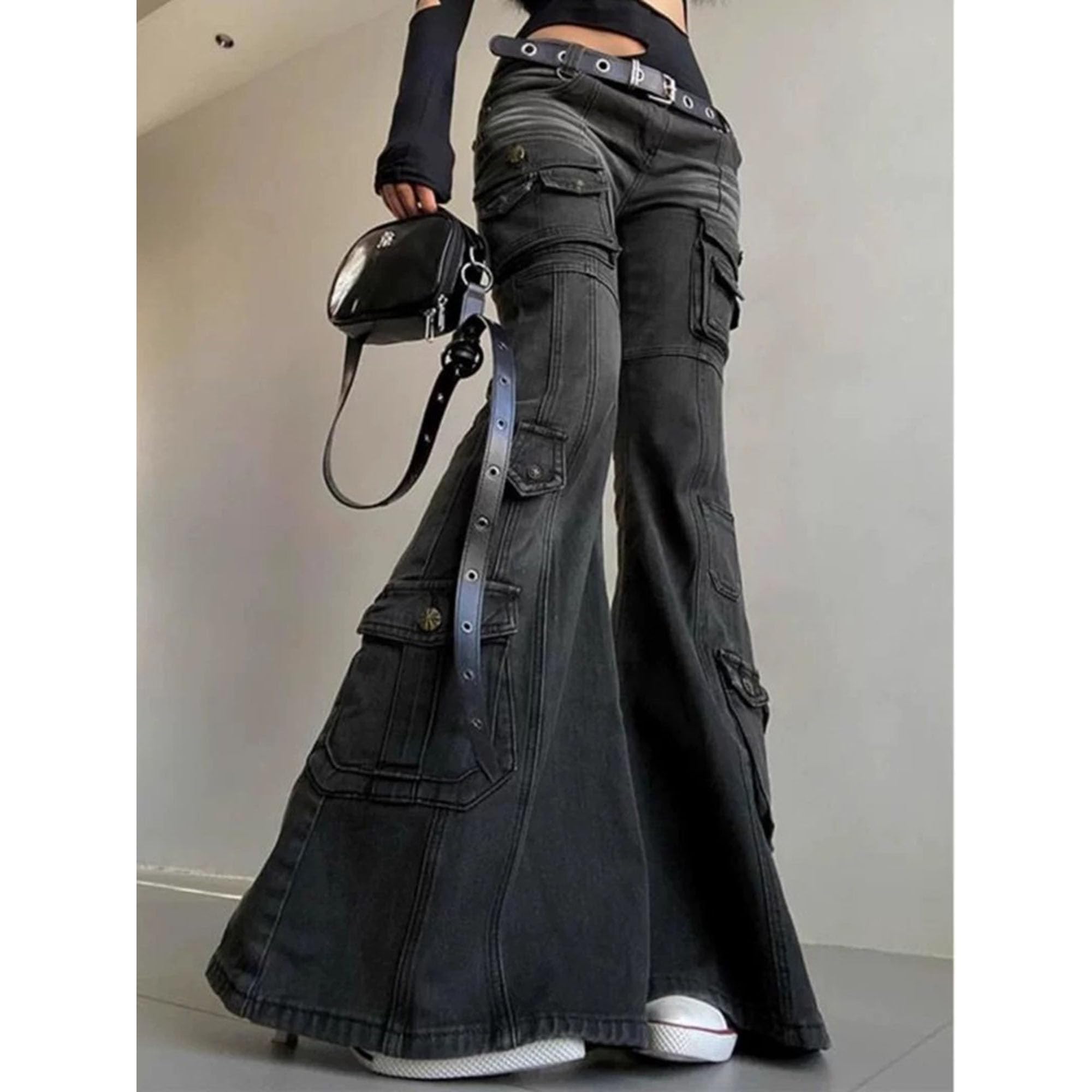 MEINVQIAOTI American Retro Multiple Pockets Sexy Bell Bottoms Cargo Jeans for Women Curvy Aesthetic Goth Cargo Pants Women