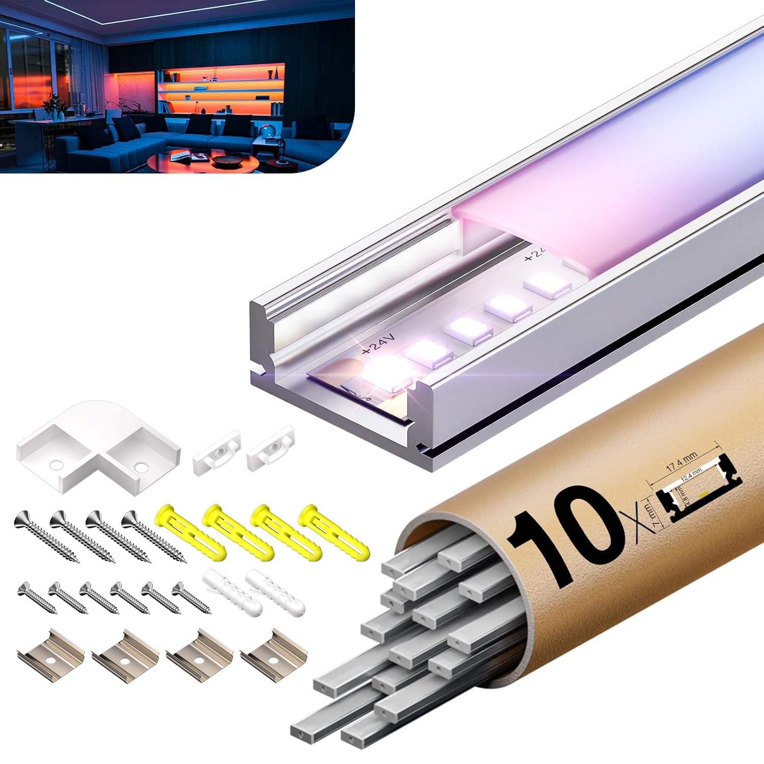 Profil aluminiowy do taśm LED, 10 sztuk x 2 m (20 m), z matową pokrywą PC, wymiary 17,4 mm x 7 mm, profil LED obsługuje taśmy LED o szerokości mniejszej lub równej 12,4 mm SL05