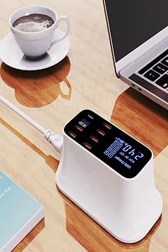 DooLike 8 Port USB Hızlı Şarj İstasyonu QC 3.0 + Type-C Amper LED Göstergeli Akım Koruma 1.5m Kablo Beyaz