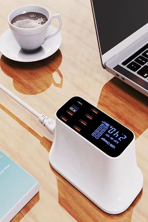 DooLike 8 Port USB Hızlı Şarj İstasyonu QC 3.0 + Type-C Amper LED Göstergeli Akım Koruma 1.5m Kablo Beyaz