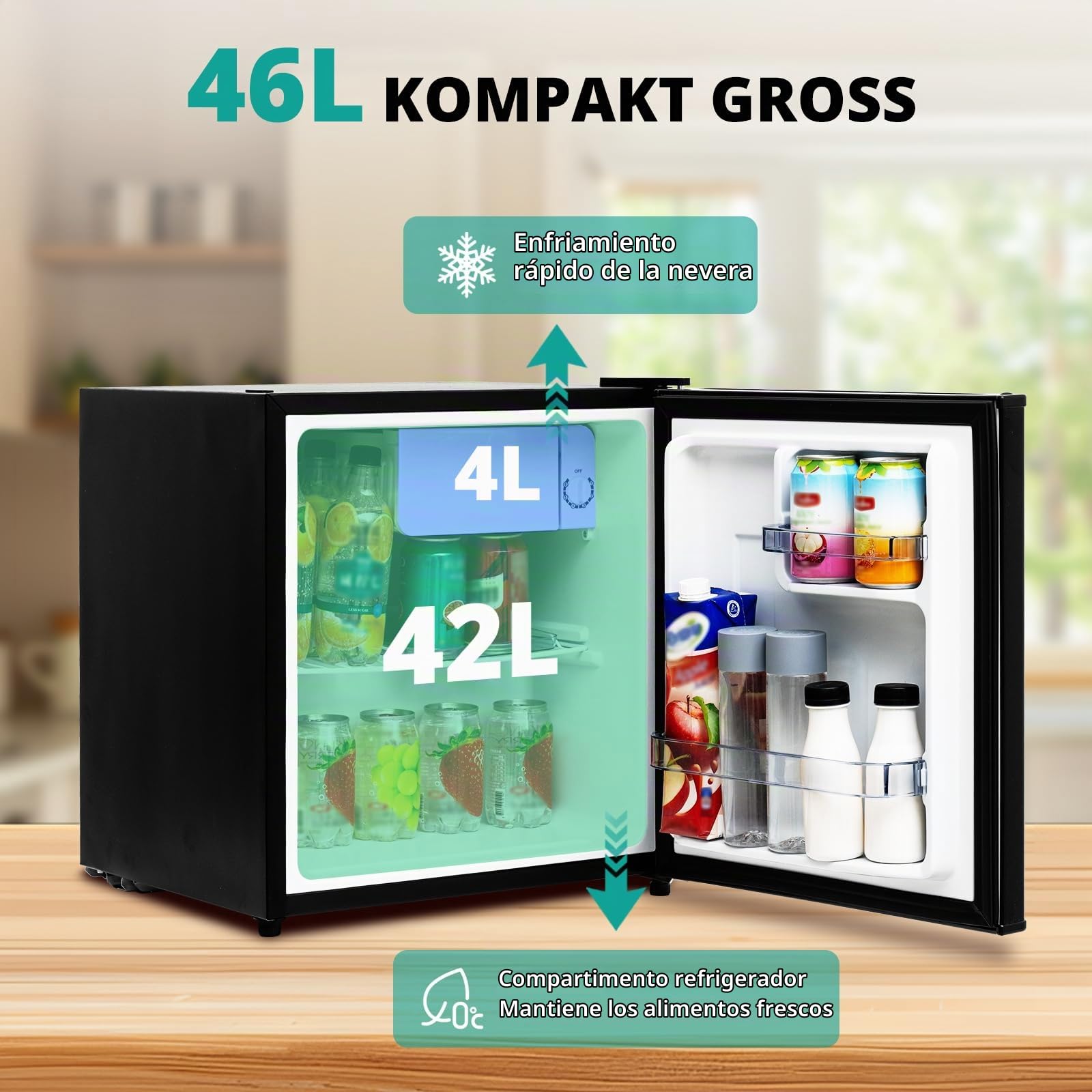 SMETA Mini frigorífico de 45 L, pequeño refrigerador silencioso, 39 dB, refrigerador de bebidas, 6 niveles, termostato 0-10 °C, minibar con tope de puerta intercambiable para casa, oficina, camping