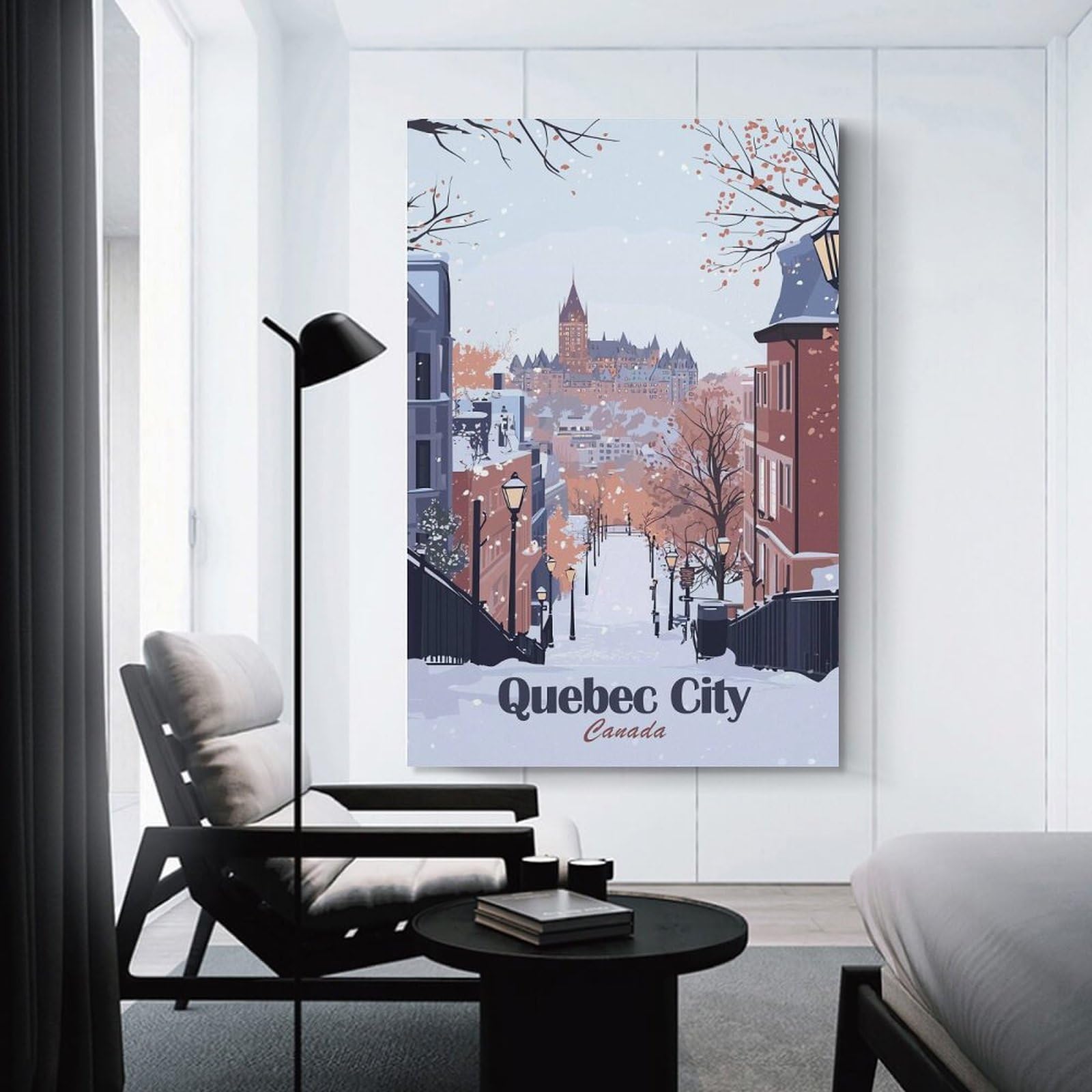 Junmoney Quebec City Winter Scene Illustration Canvas Art Print, 20x30inch(50x75cm), for Bedrooms, Workspaces And Everyday Interiors, A Flexible Wall Accent for Shared Spaces