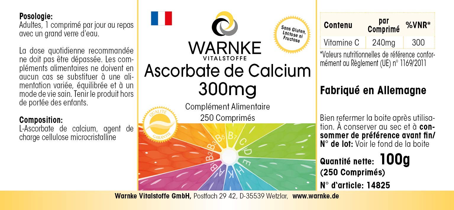 Ascorbate de Calcium 300mg - Vitamine C - 250 comprimés - Végétarien - Douce à l'estomac | Warnke Vitalstoffe - Qualité des pharmacies allemandes