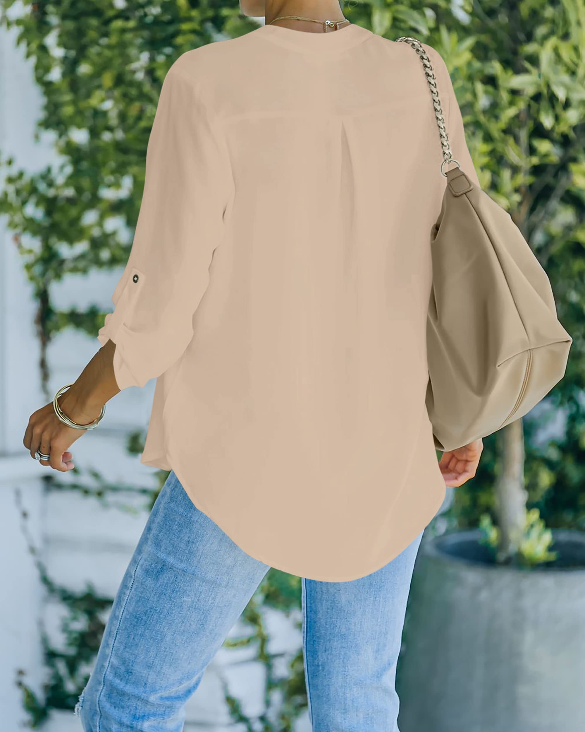 NONSAR Camicetta da donna Henley, elegante, con scollo a V, maniche arrotolabili, in stile casual