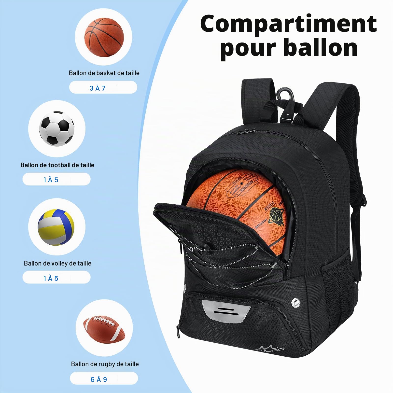 MoKo Sac à Dos de Sac Basket-Ball, Football pour Hommes et Femmes avec Compartiments séparés
