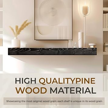 Fireplace Mantel 48'' Solid Wood Floating Shelf, 3'' Thick, Black | Handcrafted Rustic Finish, Concealed Brackets, Scratch-Resistant Surface, And Easy Installation For Living Room Decor