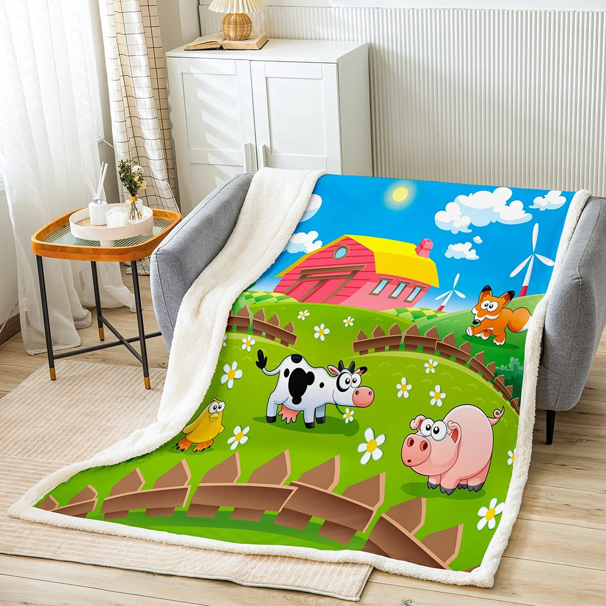 Cartoon Animals Fleece Throw Blanket Happy Farm Sherpa Blanket for Kids Boys Girls Chicken Duck Milk Cow Pig Fuzzy Blanket for Sofa Bed Farmhouse Rustic Color,Single 50x60 Inch