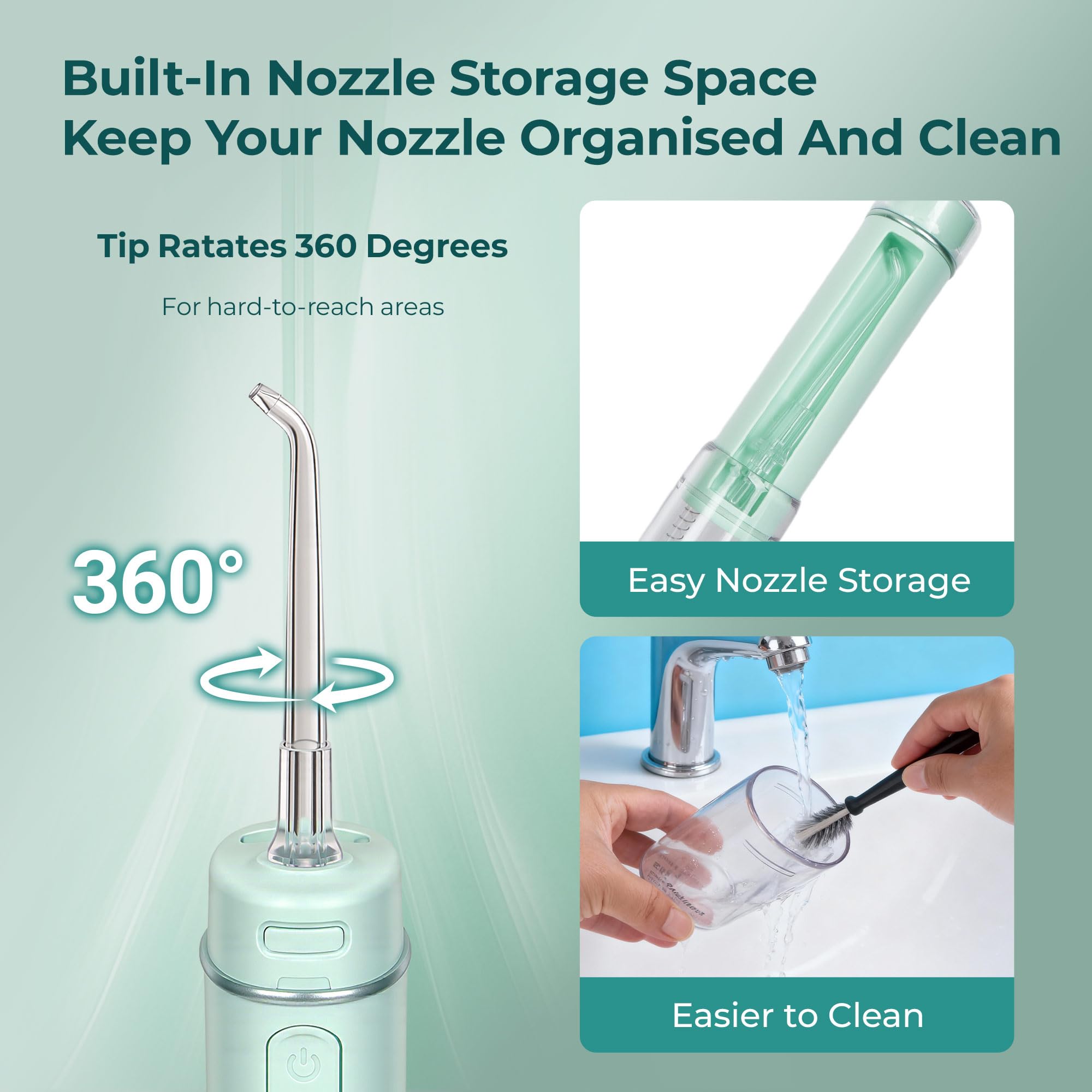 BarberBoss Hydropulseur voyage, hydropulseur poche avec 3 réglages de pression, 6 embouts (3 standard, orthodontique, parodontal, nettoyeur langue), irrigateur buccal portable sans fil, QR-7115 (vert)