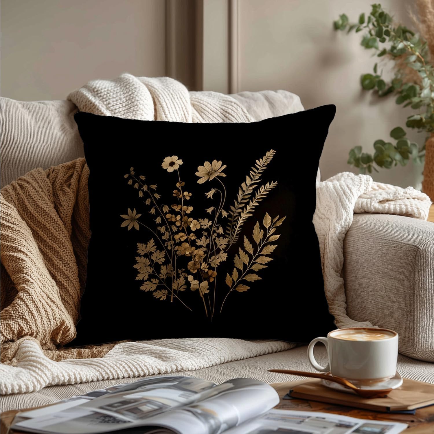 Moody Dark Floral Pillow Cover 18x18, Dark Academia Cottagecore Botanical Wildflower Decorative Throw Pillow Cover for Home Bedroom Living Room Sofa Couch image 3
