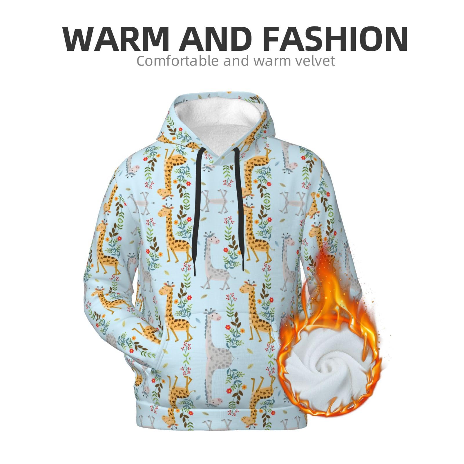 Męska bluza z kapturem z uroczym nadrukiem w kwiaty żyrafy, casualowa grafika z nadrukiem bluzy z kapturem z kieszenią