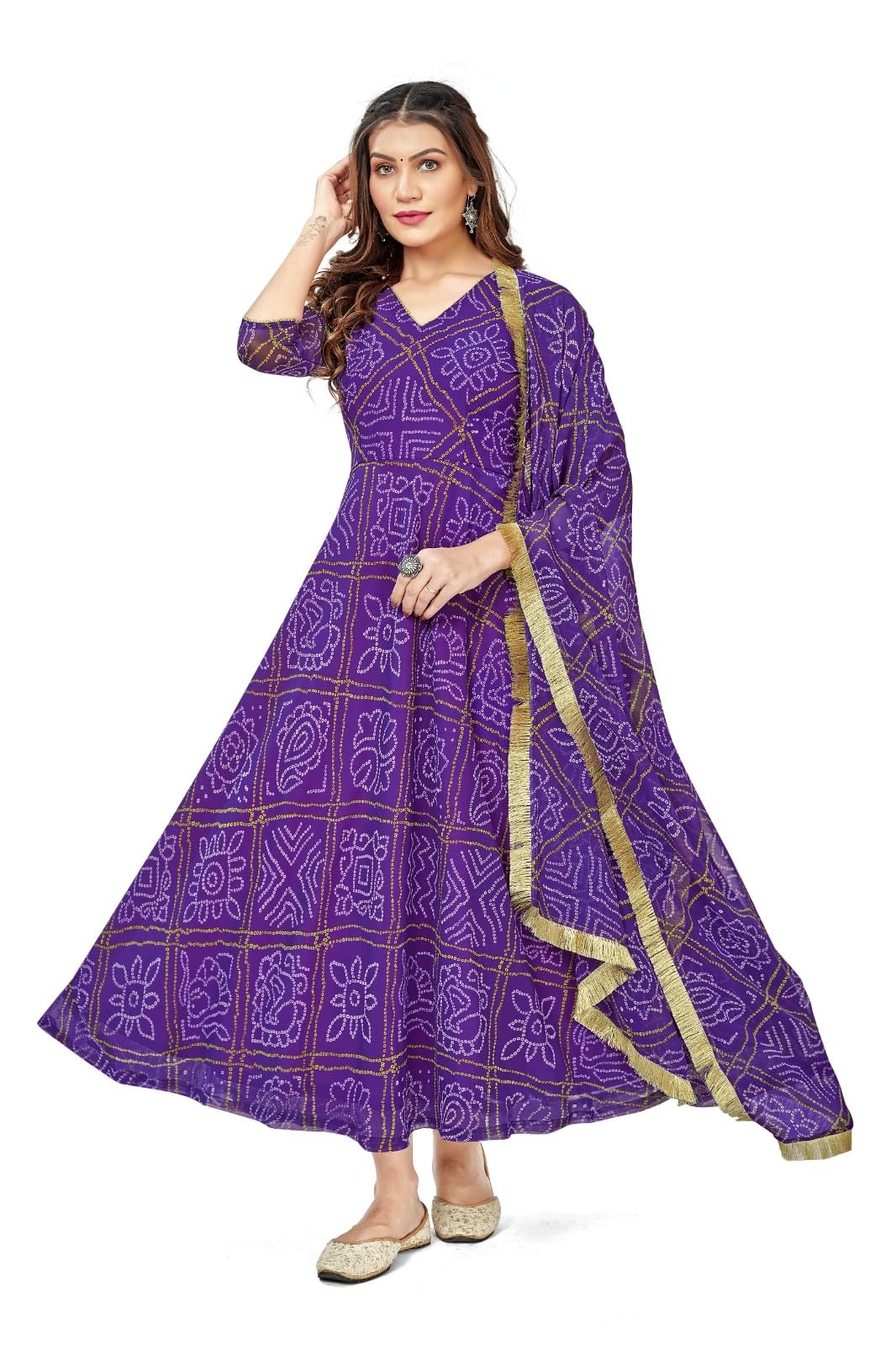 VIHARA THREADSWomen's Bandhani Print Anarkali Kurta with Matching Dupatta, Ethnic Indian Wear