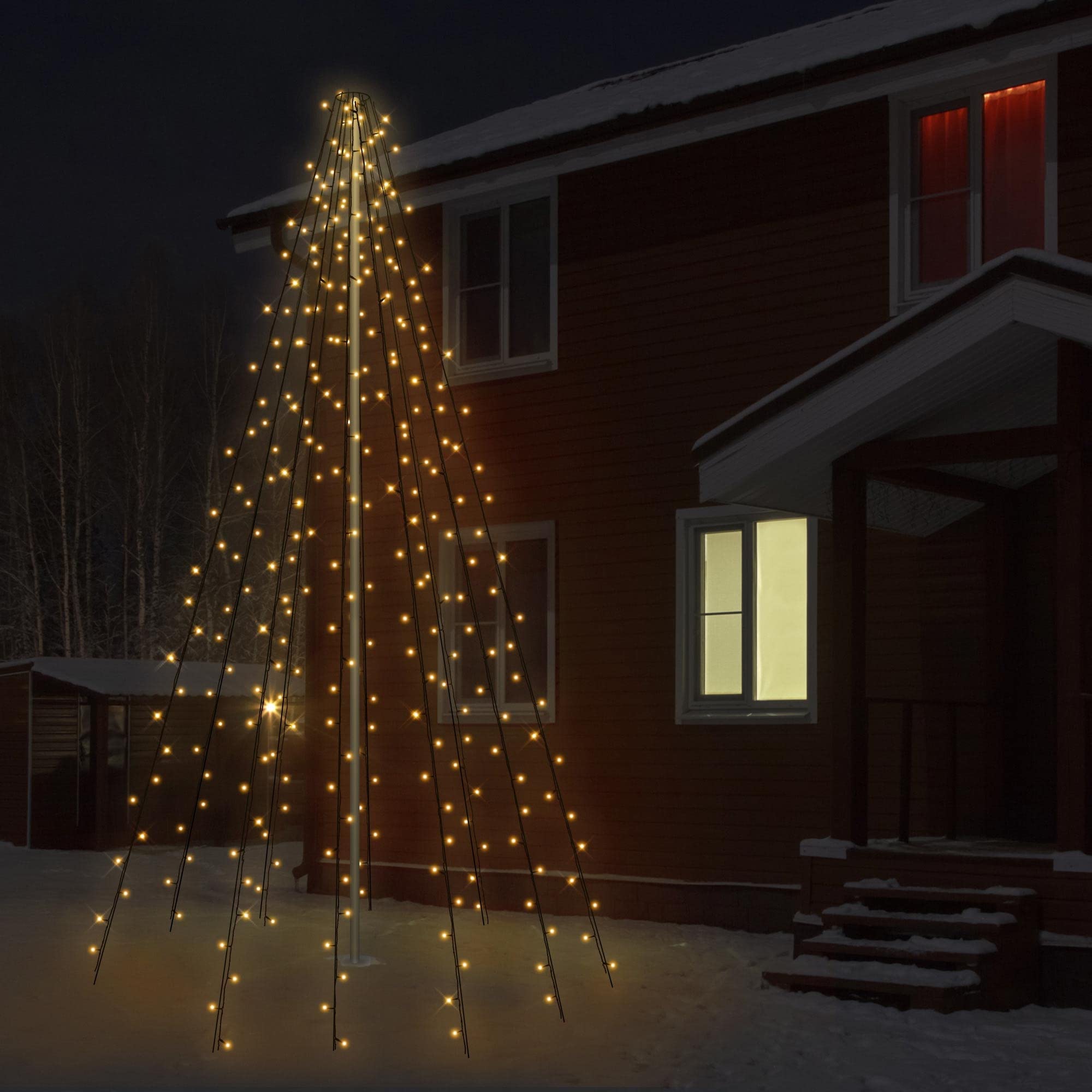 ECD Germany Fahnenmast Lichterkette, 10 Stränge à 8 Meter mit 360 LED in Warmweiß für Bäume, inkl. 10 Heringen und 10 Kabelbindern, Schwarz, IP44, Außen, Fahnenstangen Beleuchtung Außenbeleuchtung