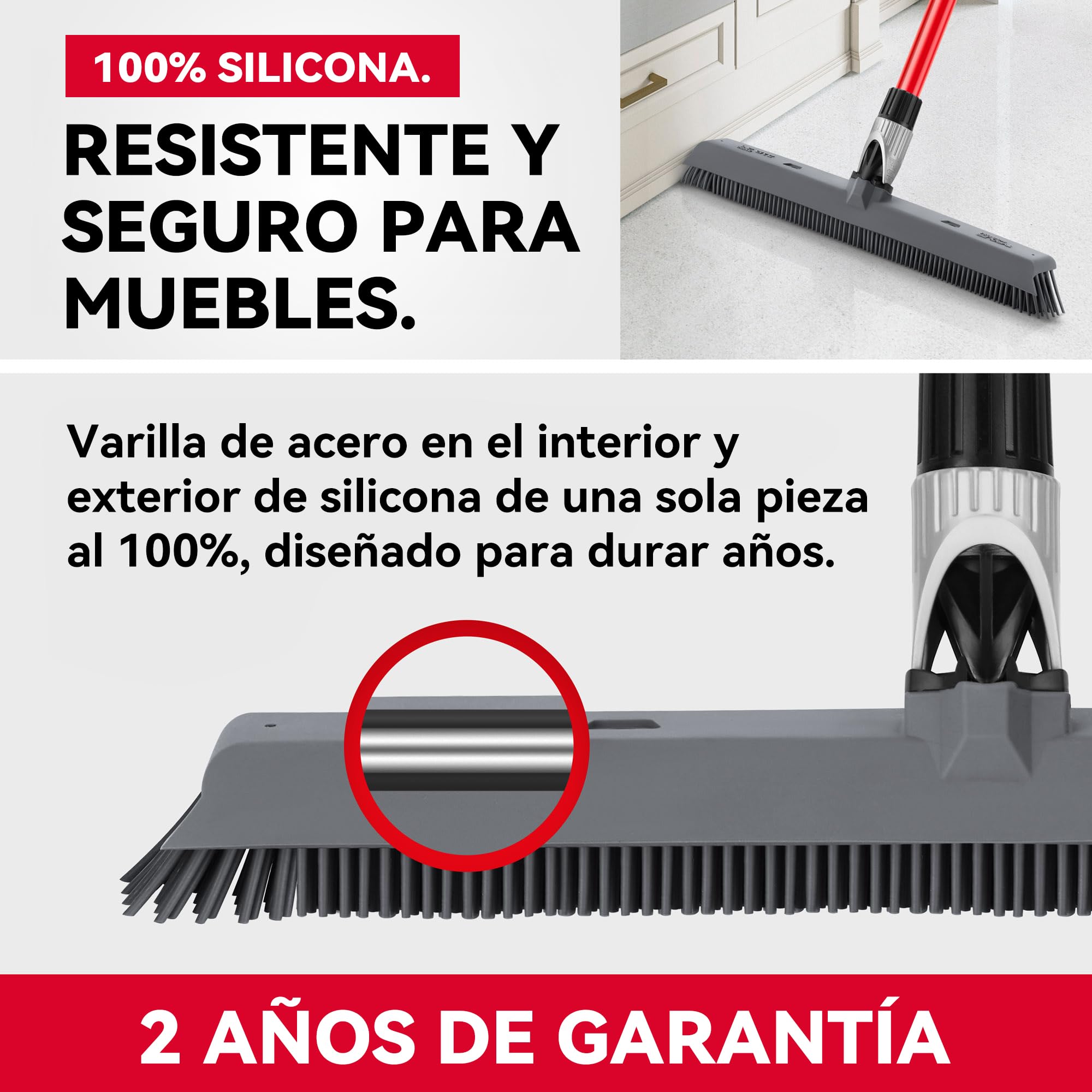 Tyroler Escoba de Goma para Suelo y Haragán 2 en 1 | 41 cm Cabezal de Silicona 100% | 140 cm Mango de Aluminio de 4 Piezas para Escoba de Silicona | Escobas para Barrer | Escobas Silicone Suelo