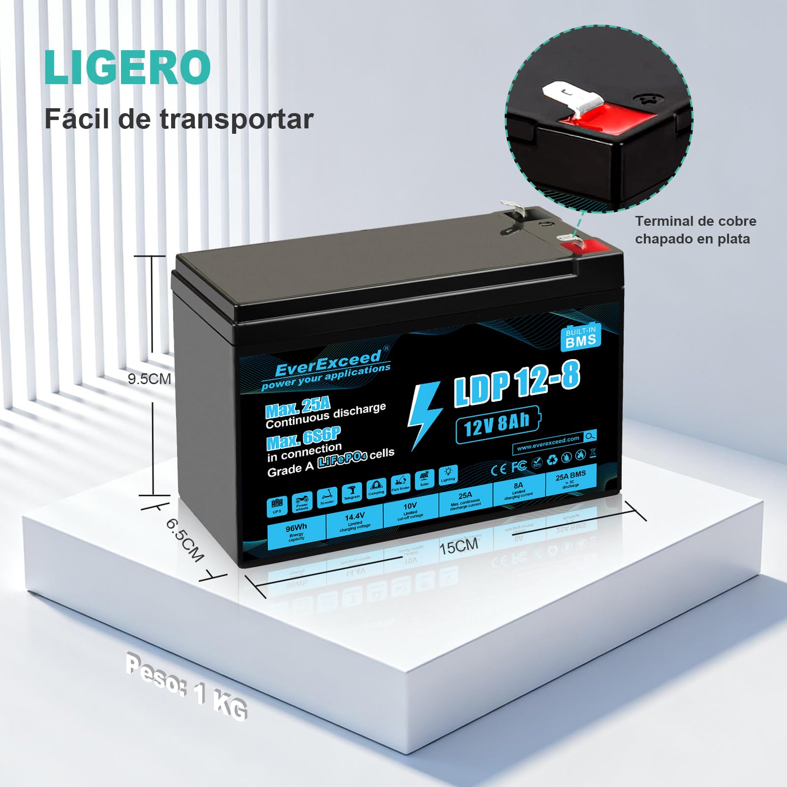 Batería Lifepo4 12V 8Ah con BMS de 25A Integrado, más de 3000 ciclos Profundos Bateria Litio 12V para UPS, Power Wheels, energía Solar/eólica, iluminación, sondas de Pesca y Mucho más