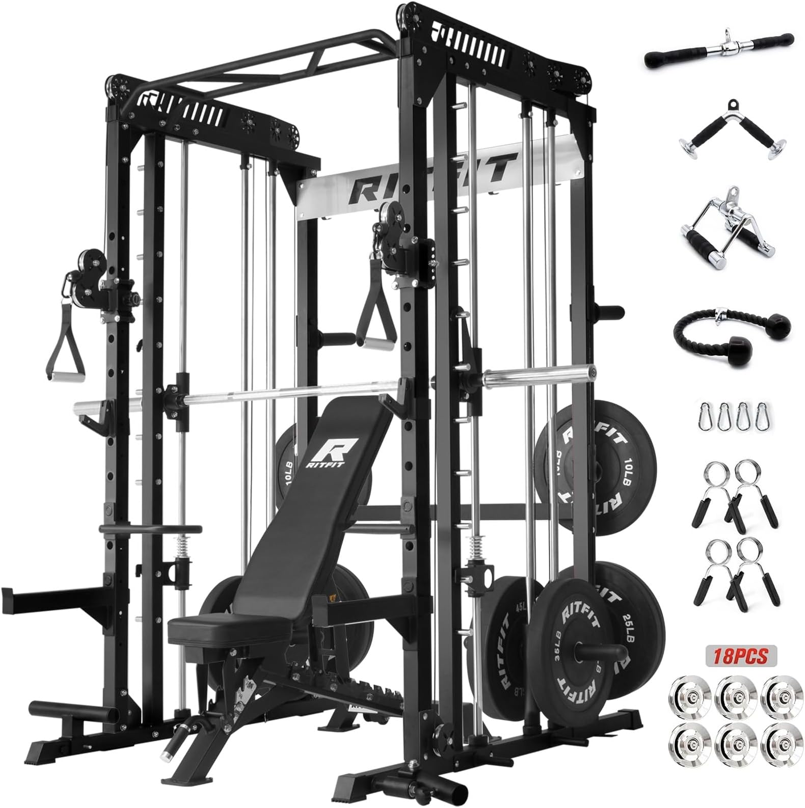 RitFit M1 Pro Smith Machine with Cable Crossover System, Multi-Function Squat Rack Power Cage for Home Gym, Power Rack and Packages