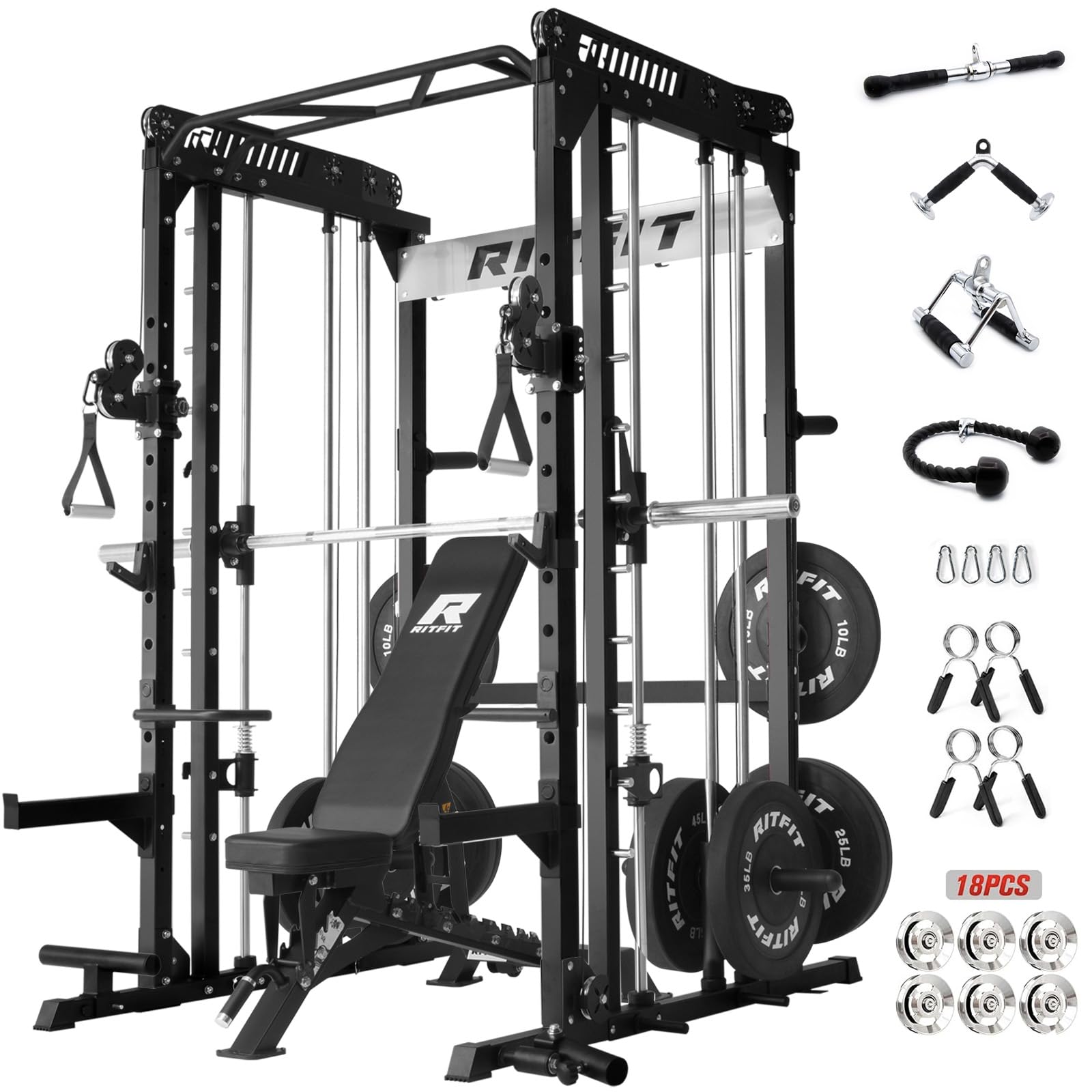 RitFit M1 & M1 Pro Smith Machine with Cable Crossover System, Multi-Function Squat Rack Power Cage for Home Gym, Power Rack and Packages
