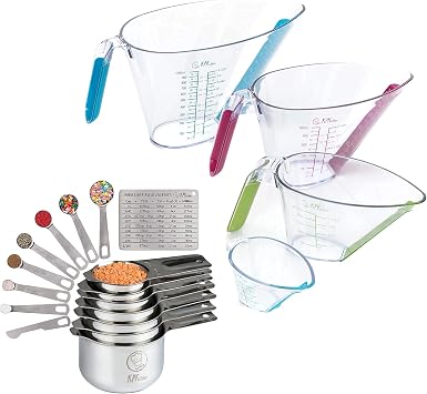 Stainless Steel Measuring Cups and Spoons Set of 16 and 4-Piece Liquid Measuring Cups Set - 7 Cup and 7 Spoon Metal Measure Sets - Includes Mini Ounce, 1, 2 and 4 Plastic Measuring Cup Sizes