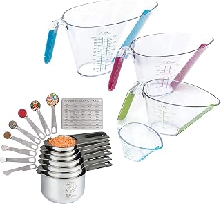 KPKitchen Stainless Steel Measuring Cups and Spoons Set of 16 and 4-Piece Liquid Measuring Cups Set - 7 Cup and 7 Spoon Metal Measure Sets - Includes Mini Ounce, 1, 2 and 4 Plastic Measuring Cup Sizes