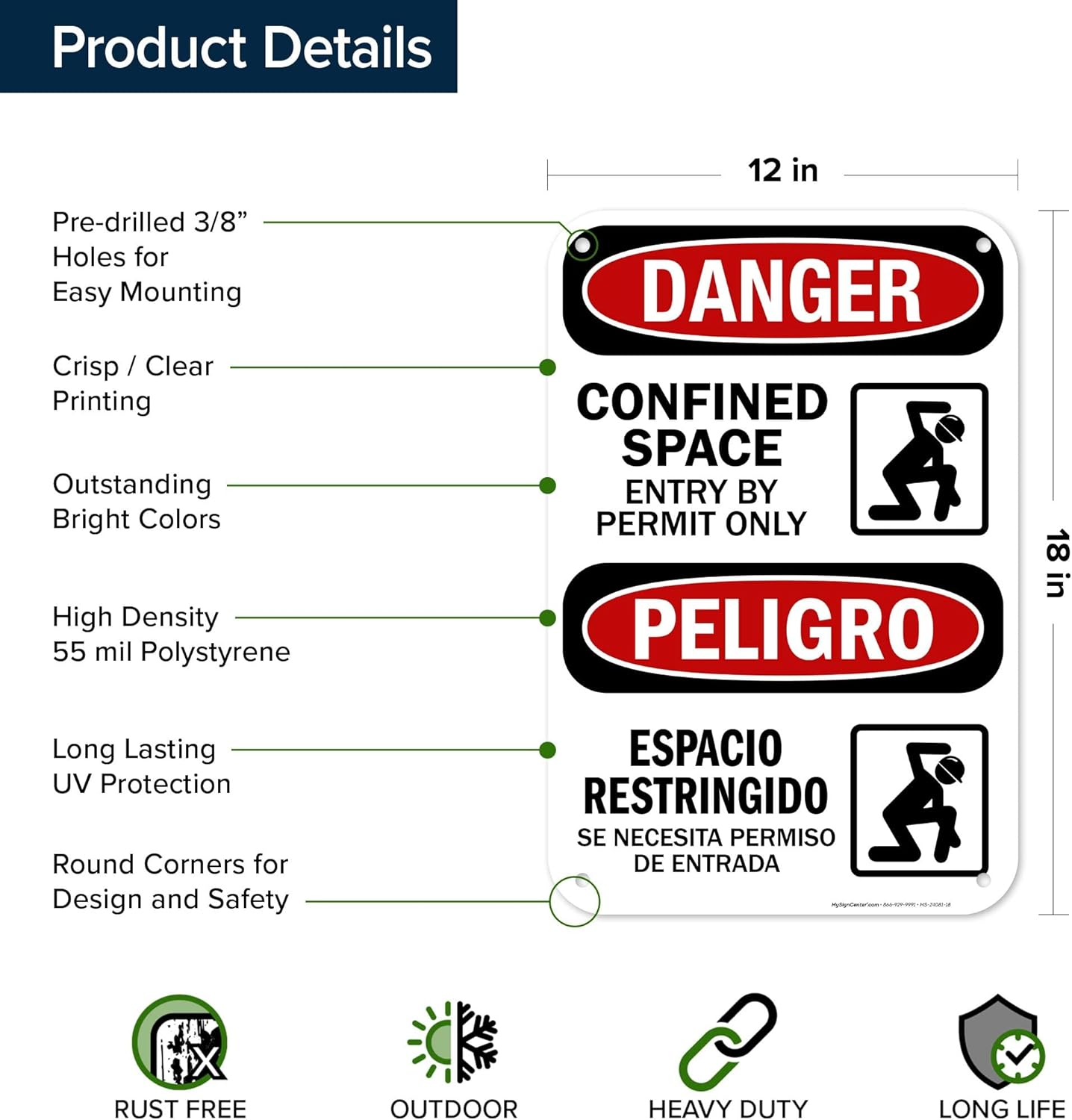 Danger Confined Space Entry By Permit Only With Graphic Bilingual Sign, 12x18 Inches, 55 mil thick HDPS (high density polystyrene), Made in USA by My Sign Center