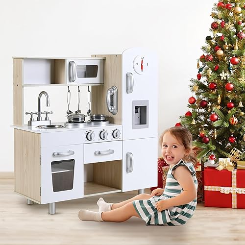 Miniatura 6 de Arlopu Juegos de cocina preescolar, juego de cocina de simulación de madera, juego de cocina pequeño para niños pequeños con teléfono, estufa,