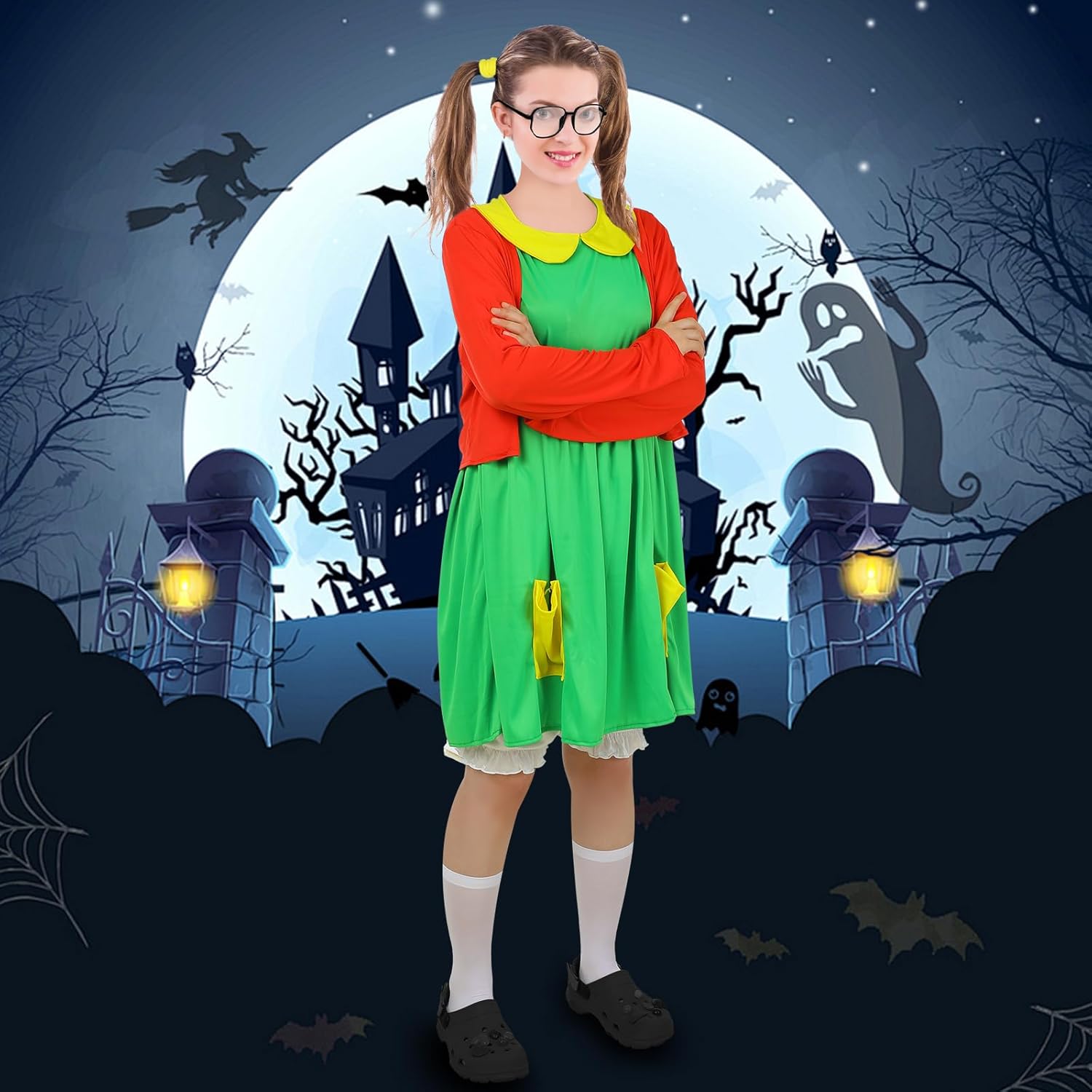 Panitay 7 Pcs Women's Halloween Costume Outfits Green Dress Red Knit Cardigan Shorts Glasses Socks Hair Tie for Cosplay - Image 5