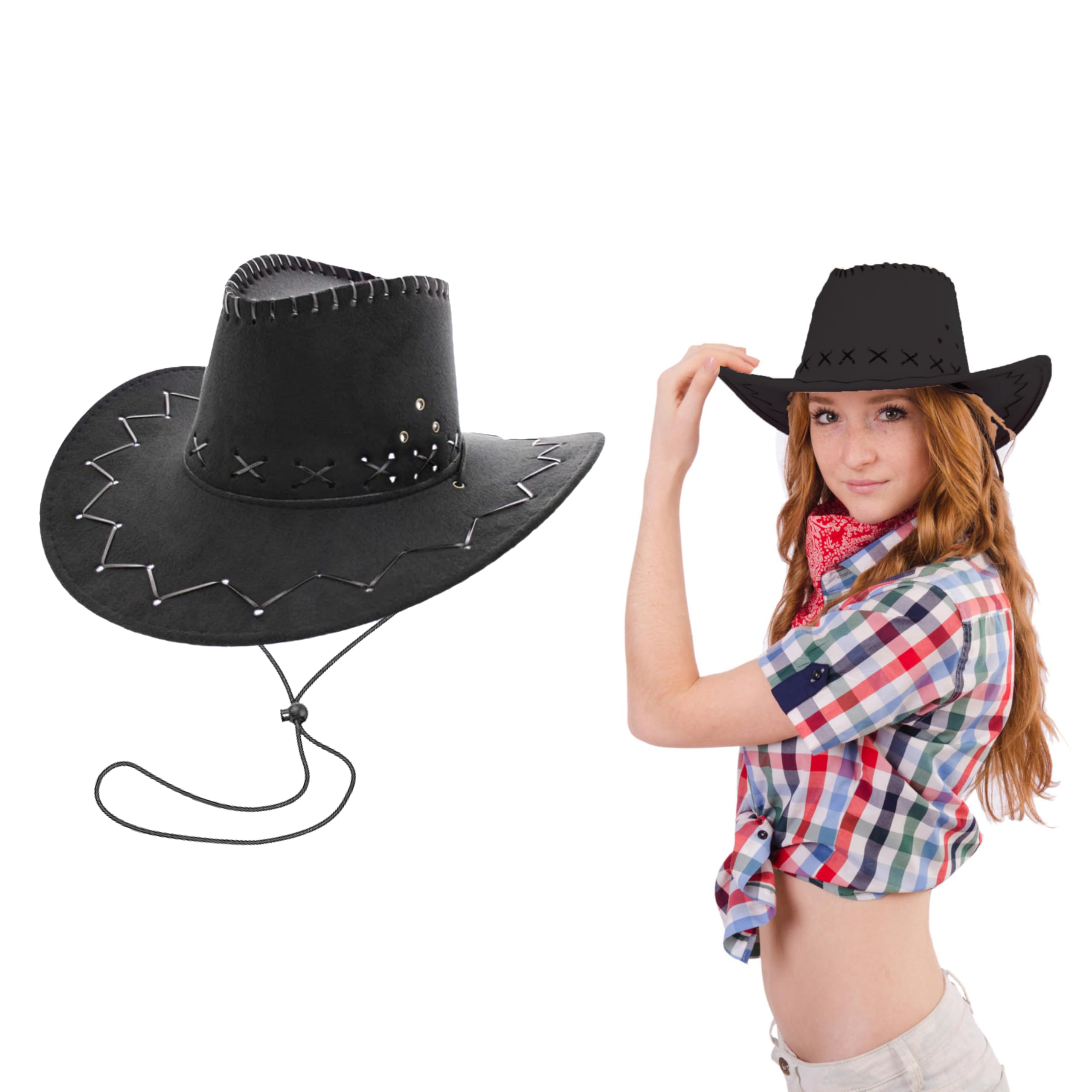 Lizzy Cowboy Hat Unisex Western Hat Wide Brim Fancy Dress Costume Hat for Men Women Cowgirl Cowboy Hat for Parties Halloween Festival Western Theme Accessories UK - Black