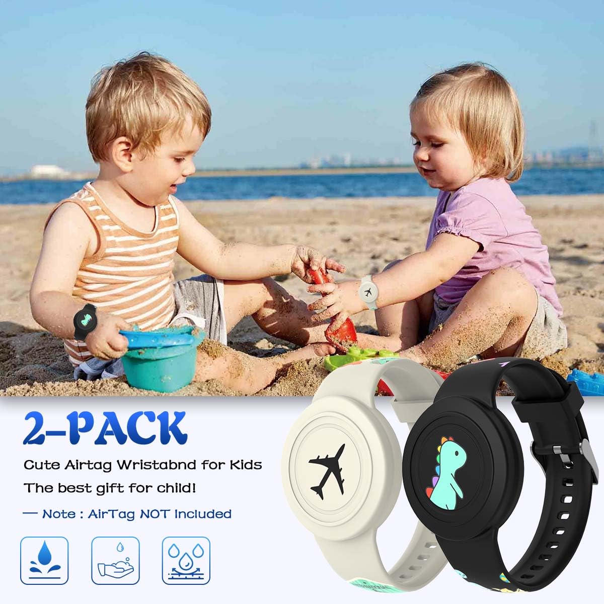 [2-Pack] Compatible for AirTag Kids Bracelet, Cute Kid Air Tag Wristband Waterproof Hidden Air Tag Holder Compatible with Apple Air Tag, Soft Silicone Air Tag Case for Kids (Dinosaurs & Planes)