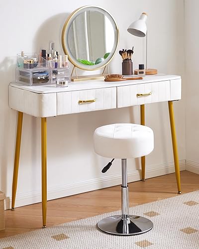 Miniatura 2 de IBUYKE Taburete giratorio de 360 de altura ajustable, silla de tocador redonda copetuda para sala de maquillaje, taburete de tocador de piel